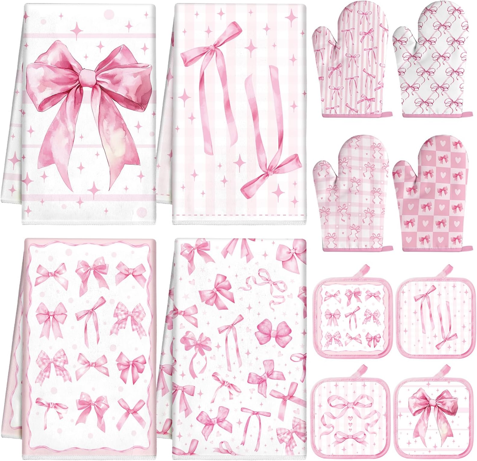 SiliFine 12 Pcs Pink Kitchen Accessories Set Bows Pot Holders Oven Mitts and Kitchen Towels Coquette Potholders Cooking Mittens Oven Glove for Home Baking Cooking Supply Gifts