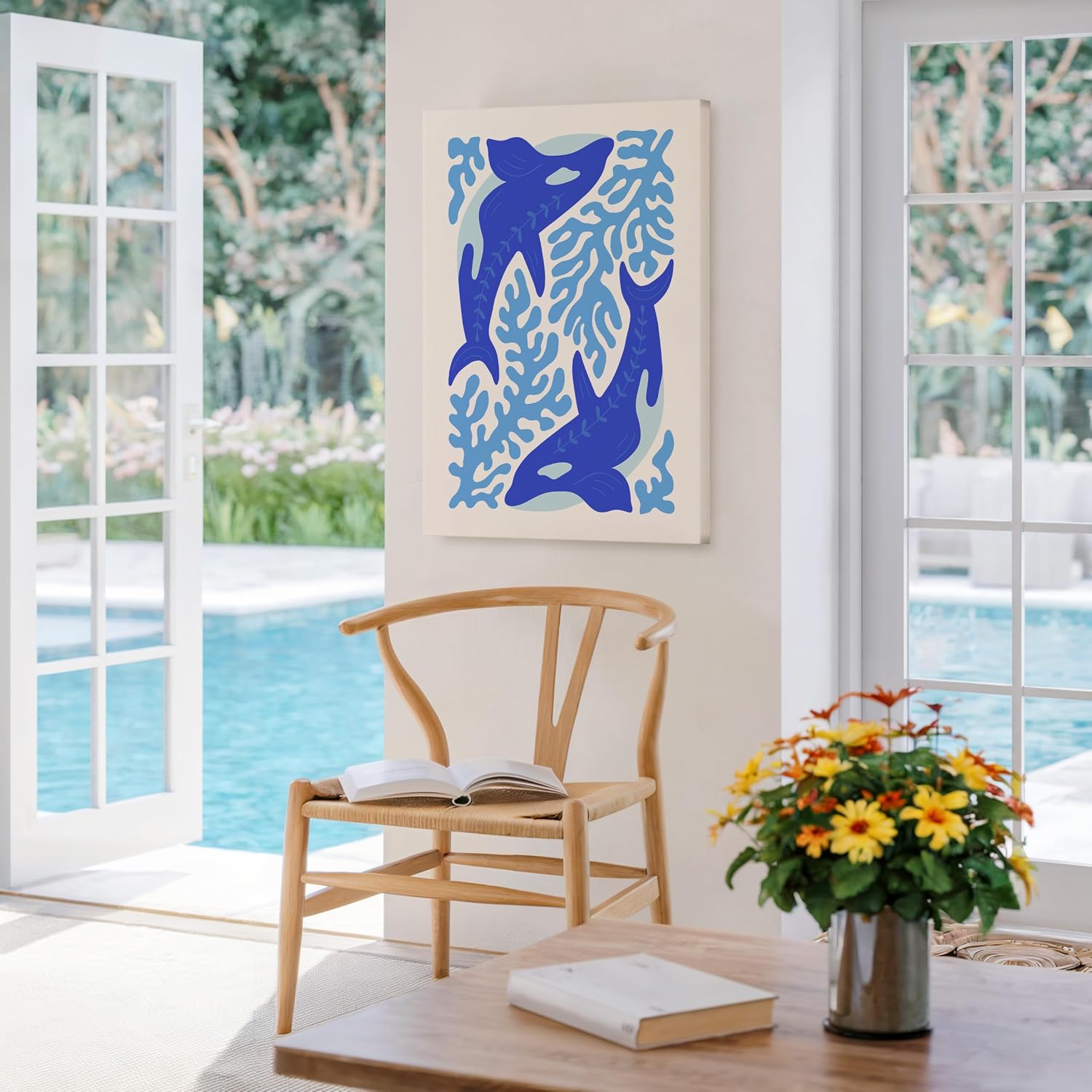 Poster Master Blue Orcas Canvas - Retro Whale Print - Aquatic & Marine Life Art - Chic Boho Design - Groovy Abstract Art - Ocean or Beach House Nautical Wall Decor - 8x10 STRETCHED Canvas