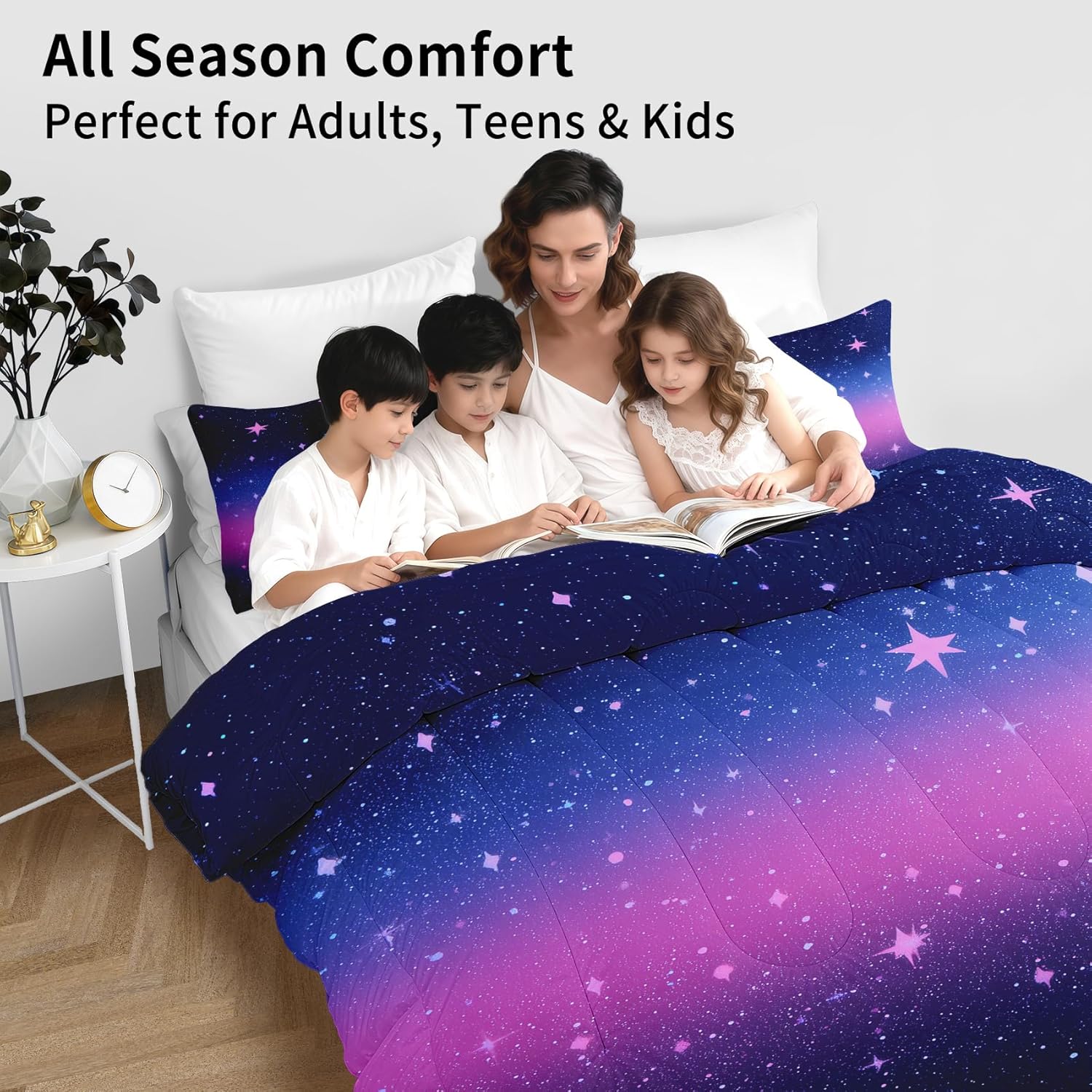 A family enjoying the comforter set on a bed.