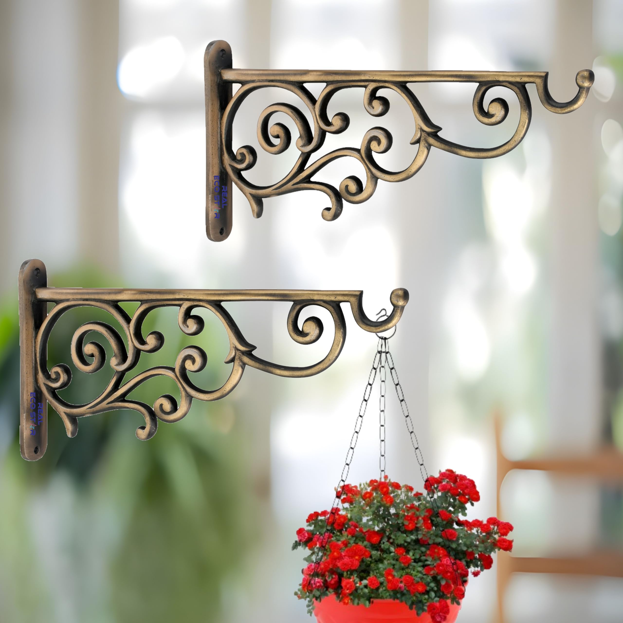 REAL ECO STAR Metal Wall Hook Hanging Plant Bracket | Decorative Straight Plant,Hanger for Pots, Bird Feeders, Planters, Lanterns, Cotton, Wind Chimes Indoor and Outdoor (Pack of 2, Antique 39)-image-13