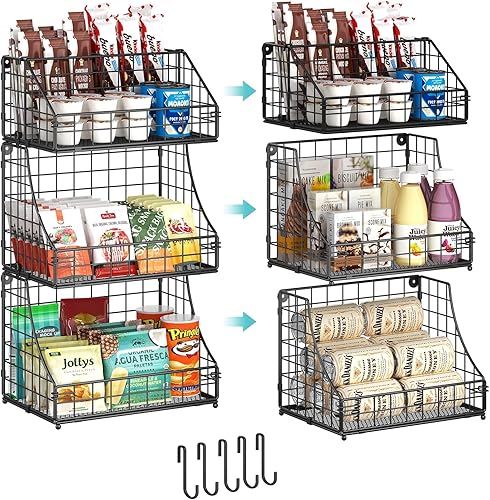 Organizadores apilables de aperitivos con divisor extraíble y ganchos para montaje en pared, cesta de almacenamiento de alambre de metal de 3