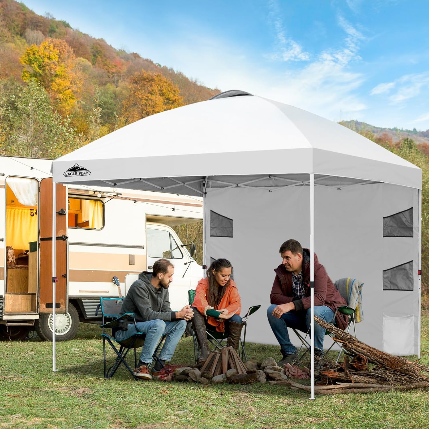 EAGLE PEAK Commercial Canopy 10x10 with Sidewall Storage, Easy OnePerson Setup Pop Up Canopy Tent with Roller Bag, Stakes, Ropes, and Weight Bags, White