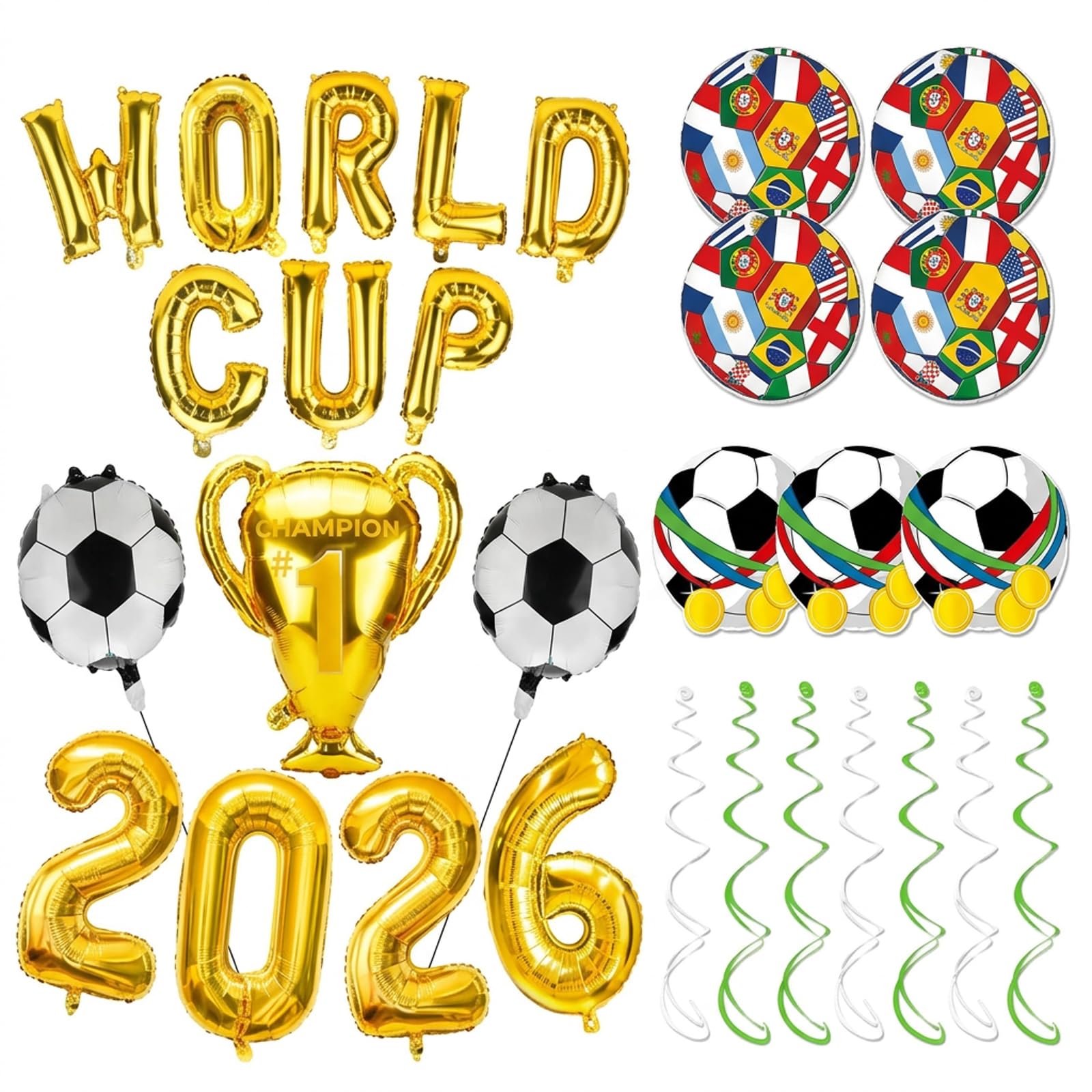 World Cup Decorations 2026 Football Party Supplies, Complete Set with Gold Championship Balloons and Hanging Swirls for Sports Celebrations, World Cup Letter Balloons and Soccer Balloon Sets