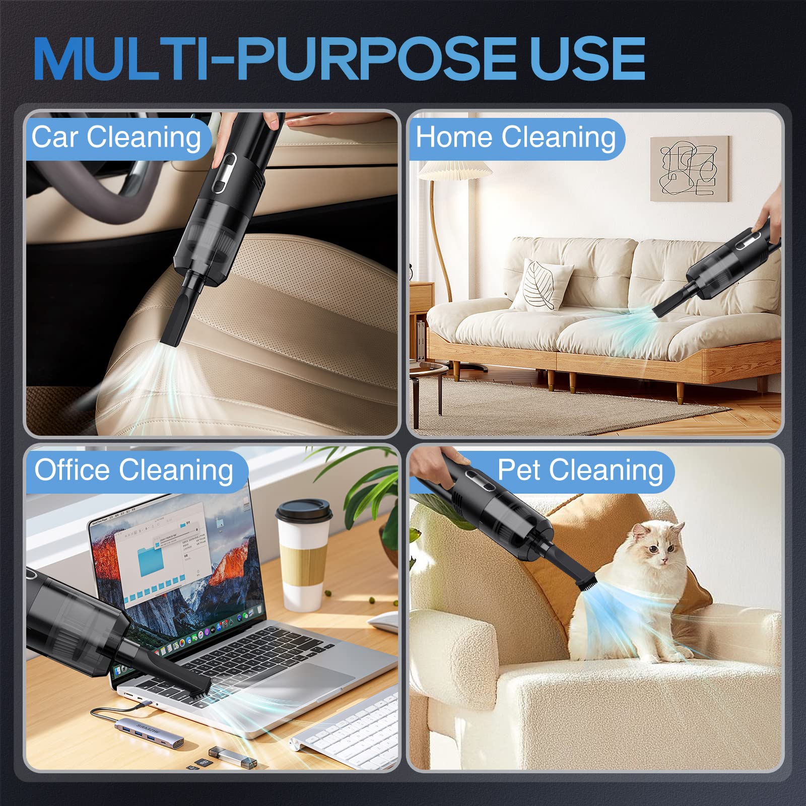 Dealswin Mini Aspirateur 4 En 1 Sans Fil - 9KPA Aspiration/Soufflage - Pour Voiture, Clavier, Maison - USB Rechargeable