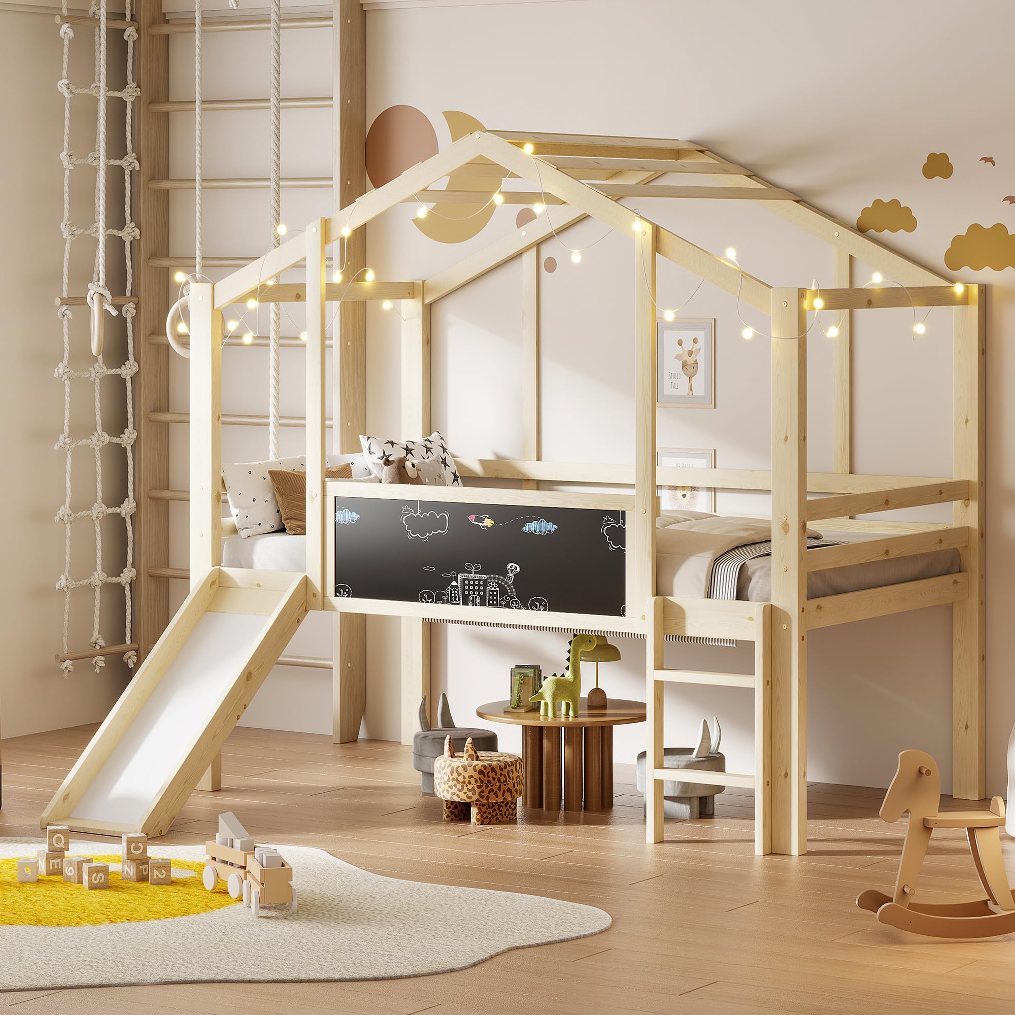Cama infantil de 90 x 200 cm con escalera y tobogán, con pizarra, diseño de casita, cama alta de madera maciza (sin colchón) (natural)