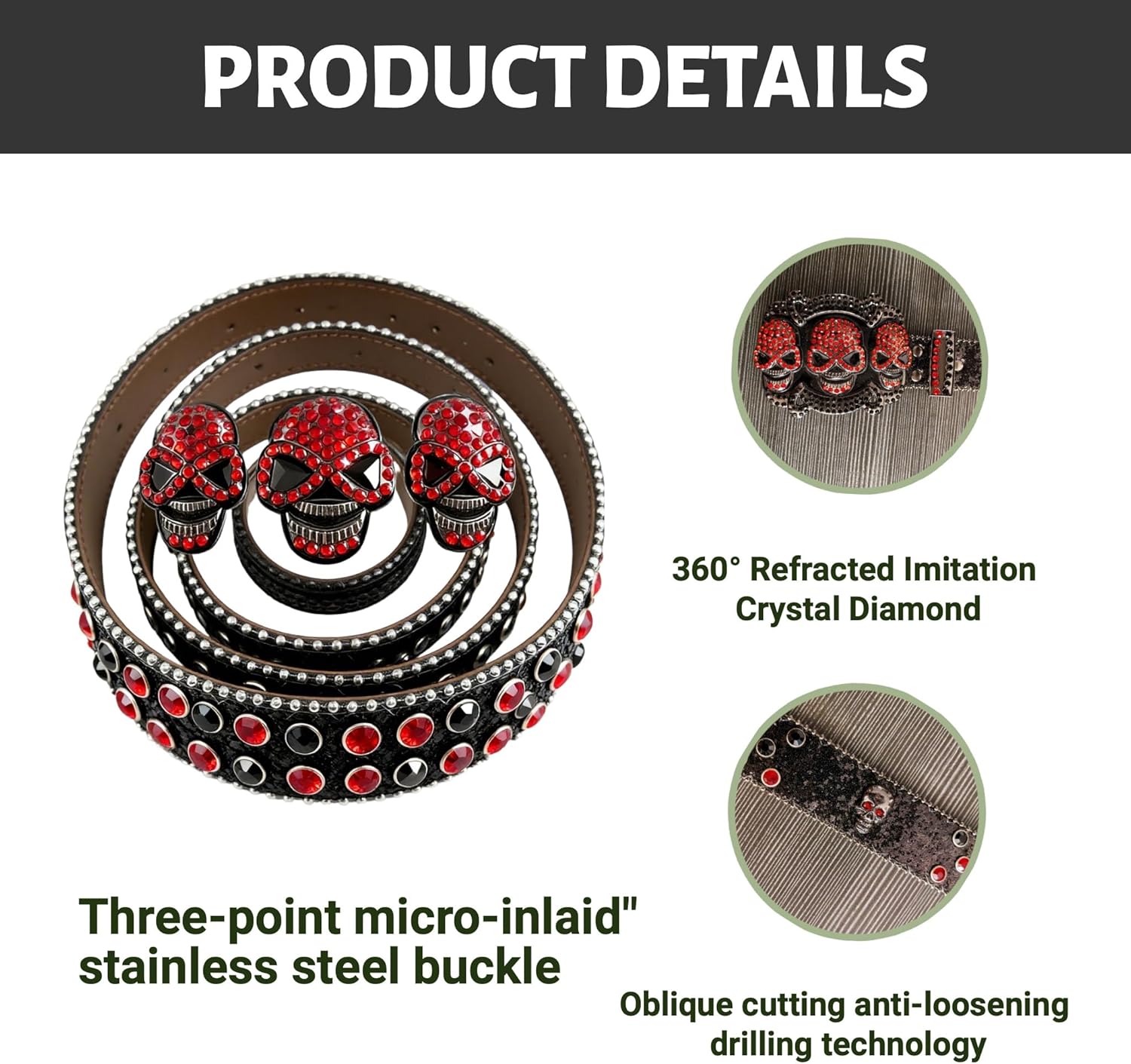 Punk Skull Belt Set for Men & Women - Rhinestone Studded Gothic Belts with Triple Rolling Buckles - Image 2