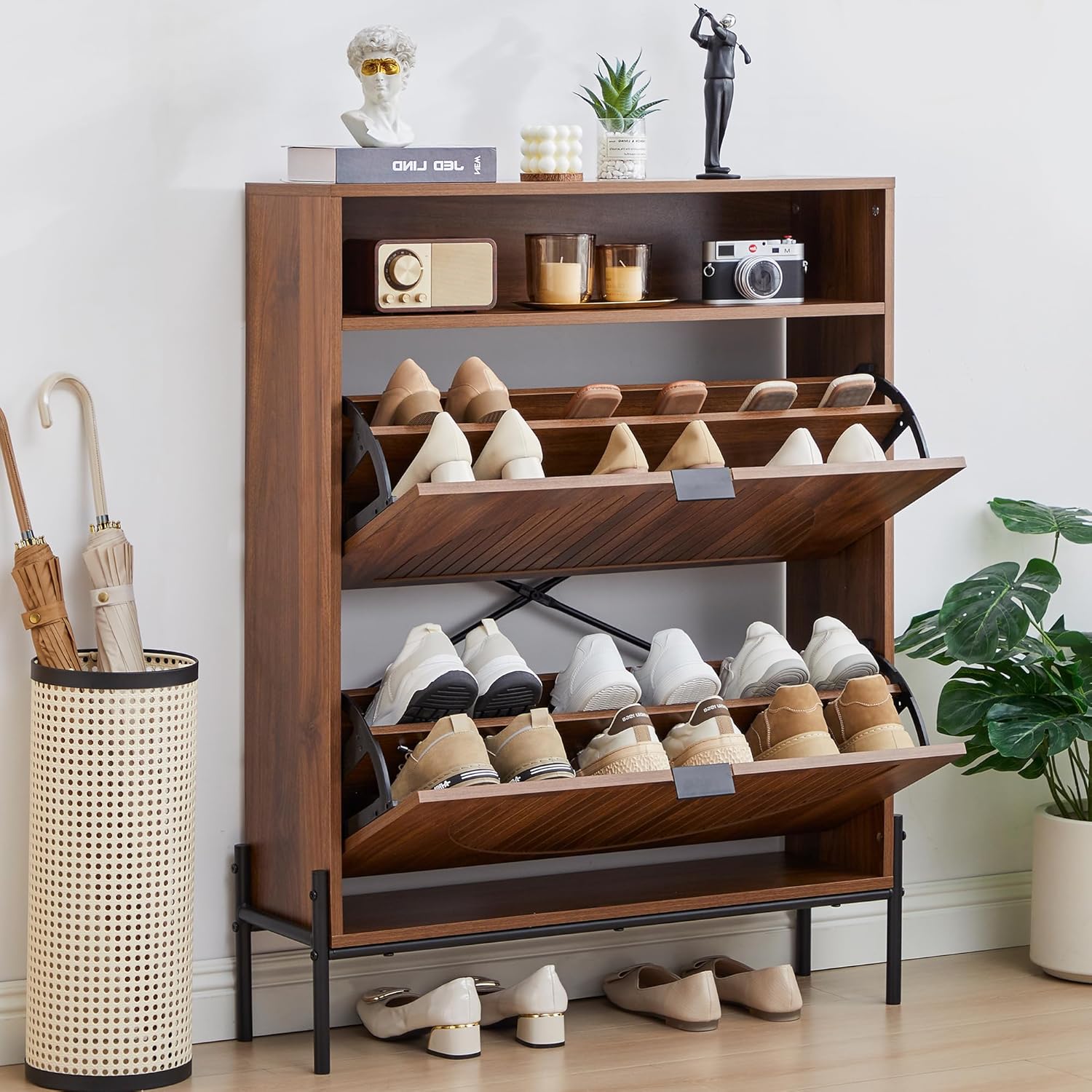 Fluted Shoe Cabinet with 2 Flip Drawers, Narrow Shoes Storage Organizer Rack with Circle Design Panel for Entryway Hallway (Walnut)