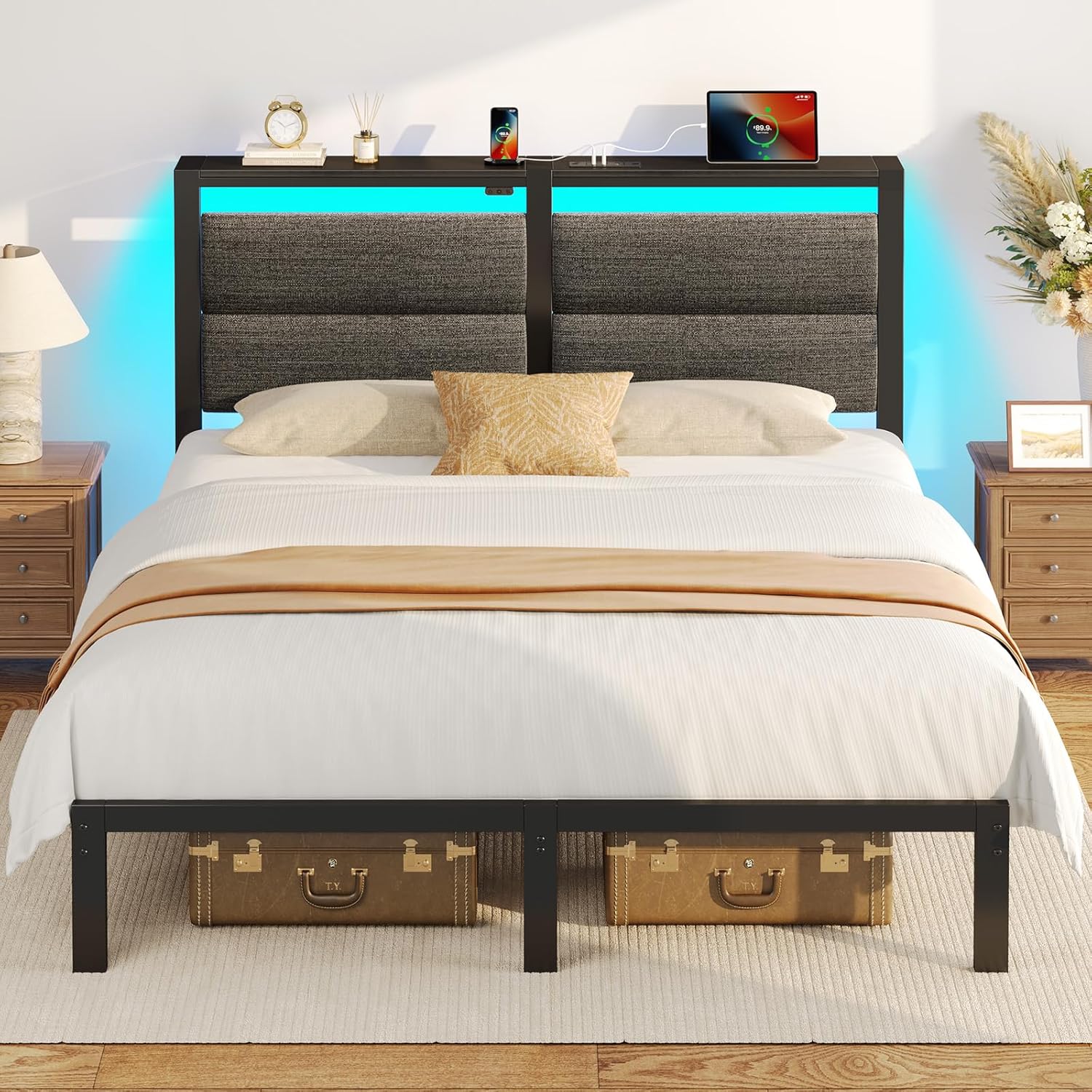 Rolanstar Full Size Bed Frame with Charging Station, LED Full Bed Frame with Upholstered Storage Headboard, Platform Bed with Metal Slats & Under Bed Storage, No Box Spring Needed, Noise Free, Grey Grey Full Upholstered Headboard