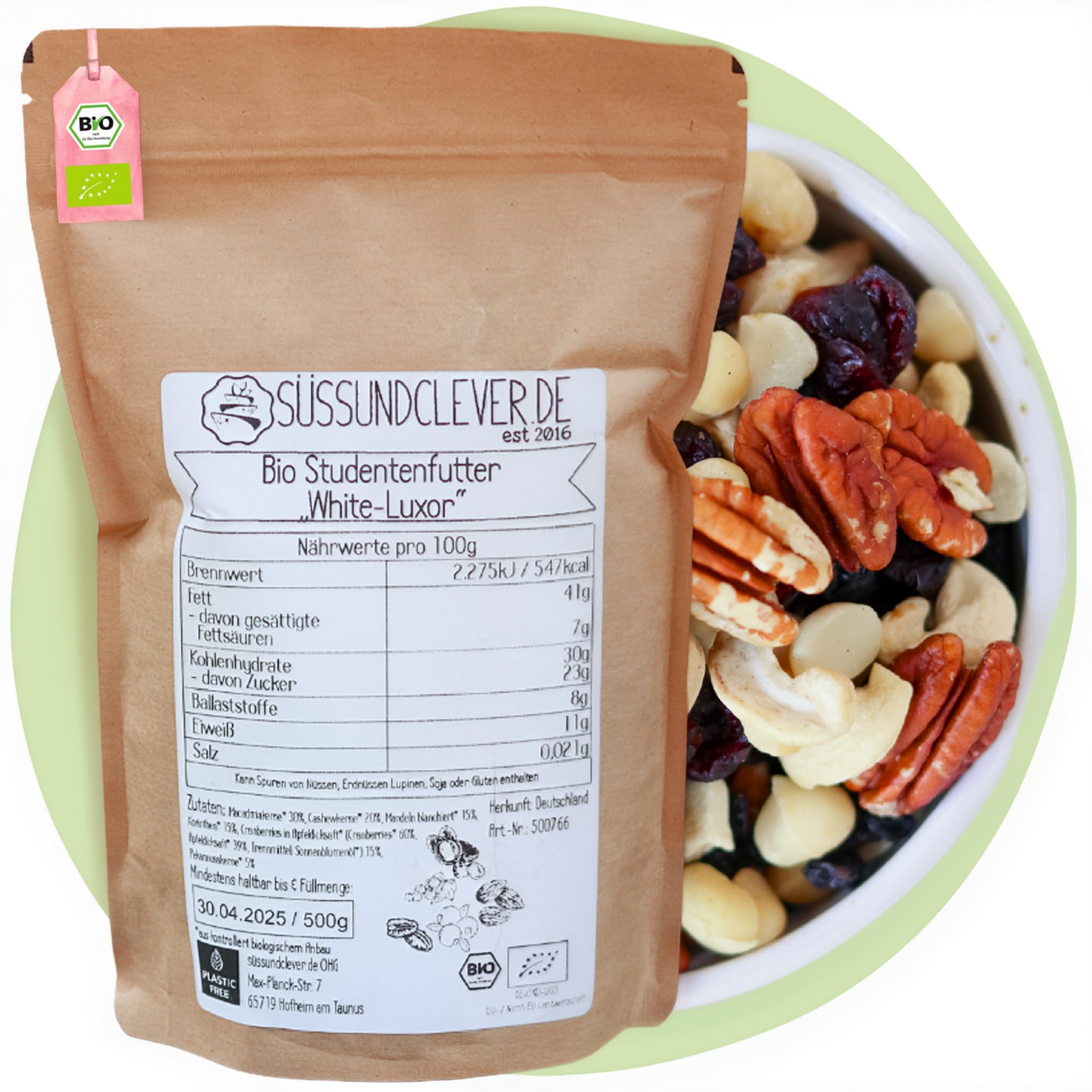 süssundclever.de® Bio Studentenfutter "White-Luxor" | 3,0 kg (3 x 1,0 kg) | mit Macadamia, Cashews, Mandeln & Cranberries | edler Nuss-Frucht-Mix | ökologisch-nachhaltig abgepackt