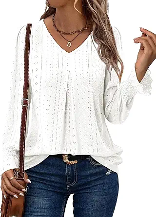 KISSMODA Long Sleeve Fall Shirts For Women V Neck Tunic Tops Embroidered Button Down Knitted Blouses 2025
