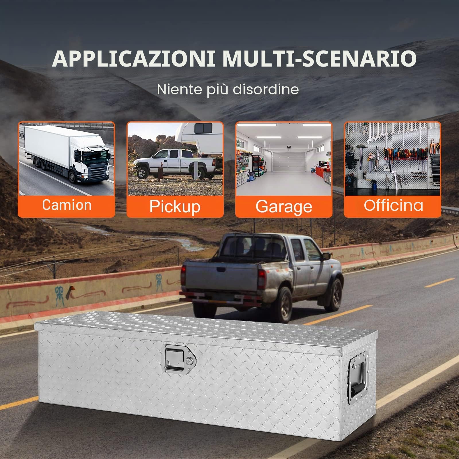 VEVOR Cassetta degli attrezzi per camion in alluminio resistente, cassetta degli attrezzi con maniglia laterale, per pick-up, pianale di camion, camper, rimorchio, 39"x13"x10", Argento