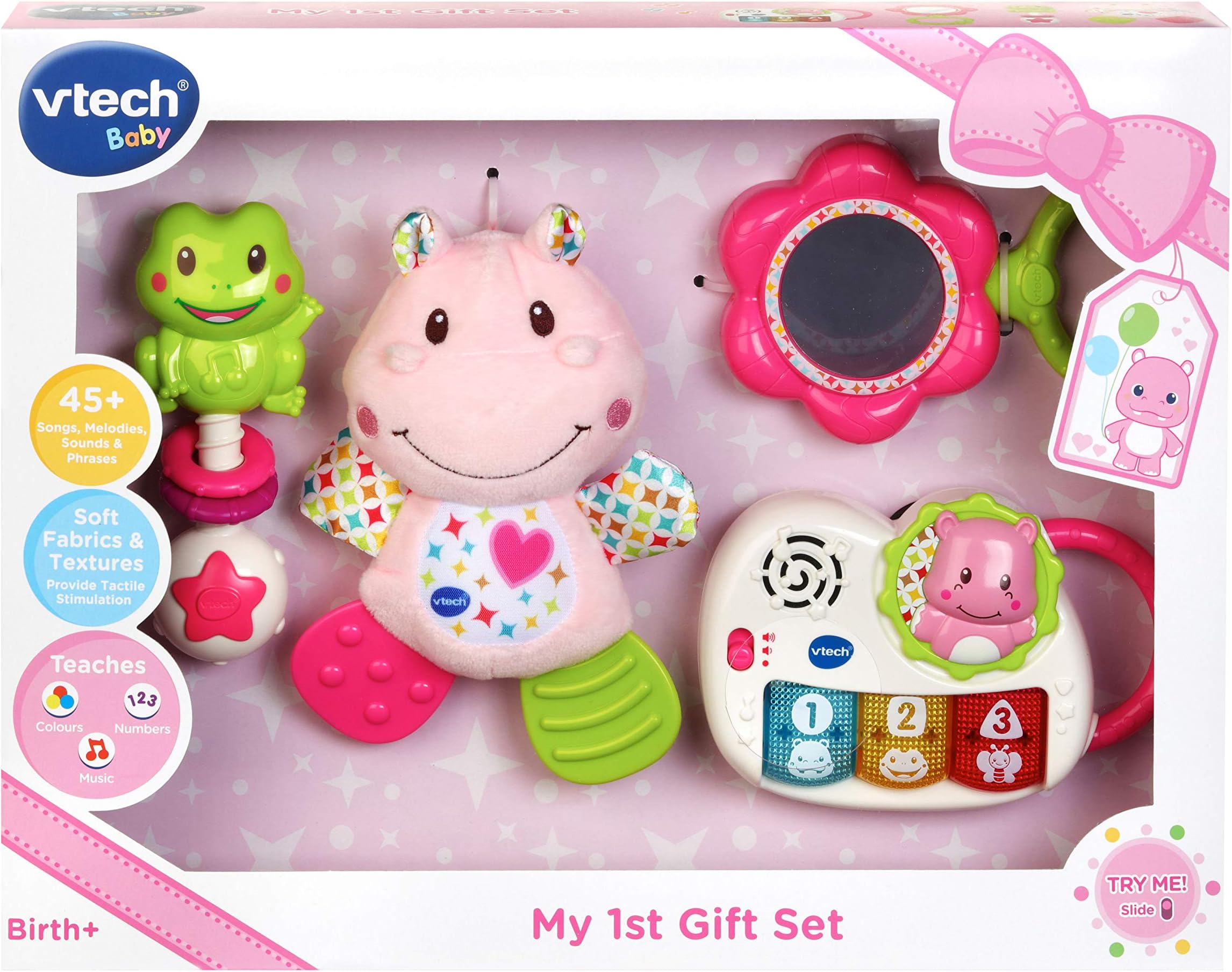 My First Gift Set New Baby Gifts | Newborn Baby Toys Including Hippo Animal Plush, Baby Teether, | 0, 6, 12 Months + for Boys & Girls, Pink, English Version,Box size: 40 x 30.5 x 7.8cm