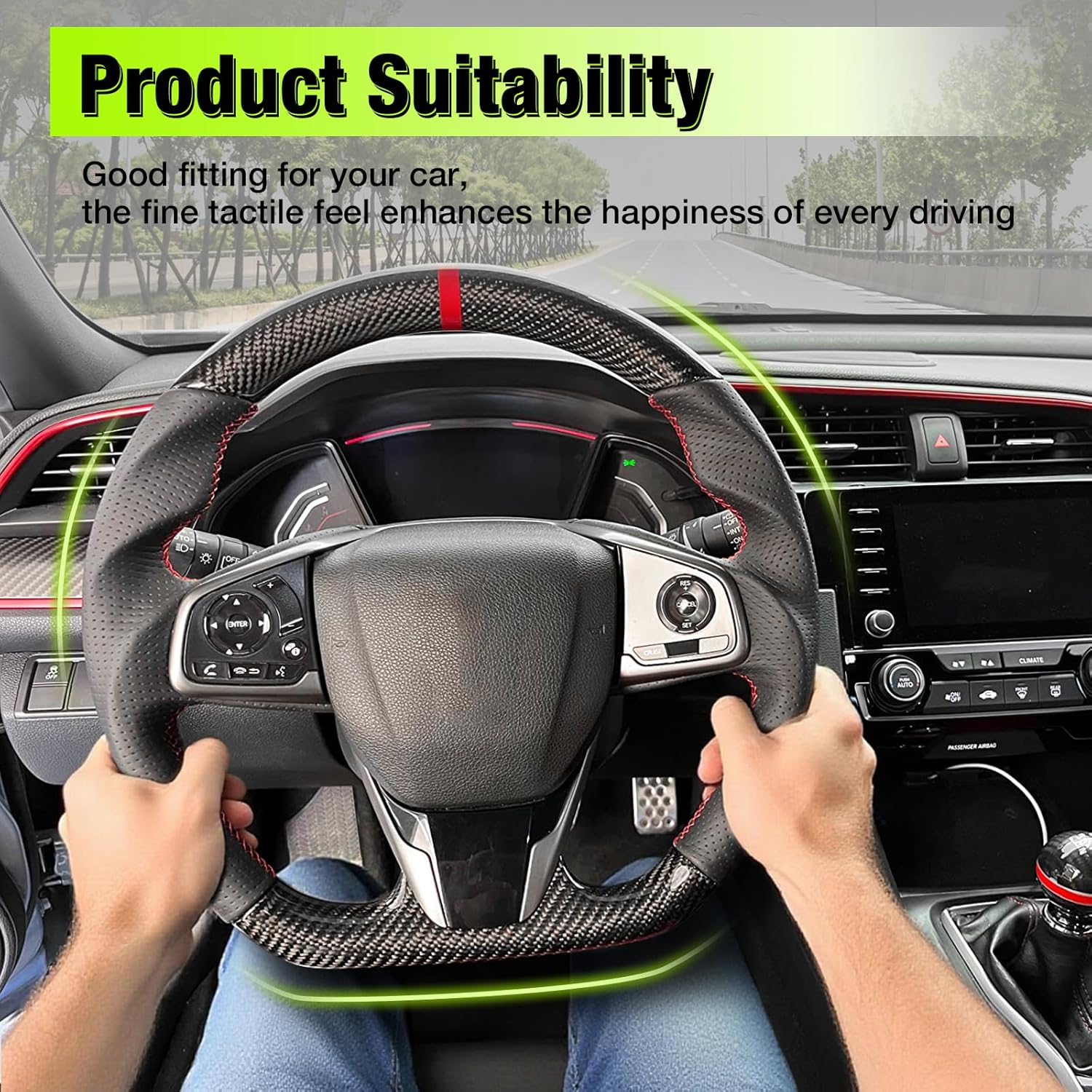 Steering Wheels Compatible With 2017-2023 Tesla Model 3, 2020-2023 Tesla Model Y, Carbon Fiber & Perforated Leather With White Stitching & Indicator Automotive Car Steering Wheel