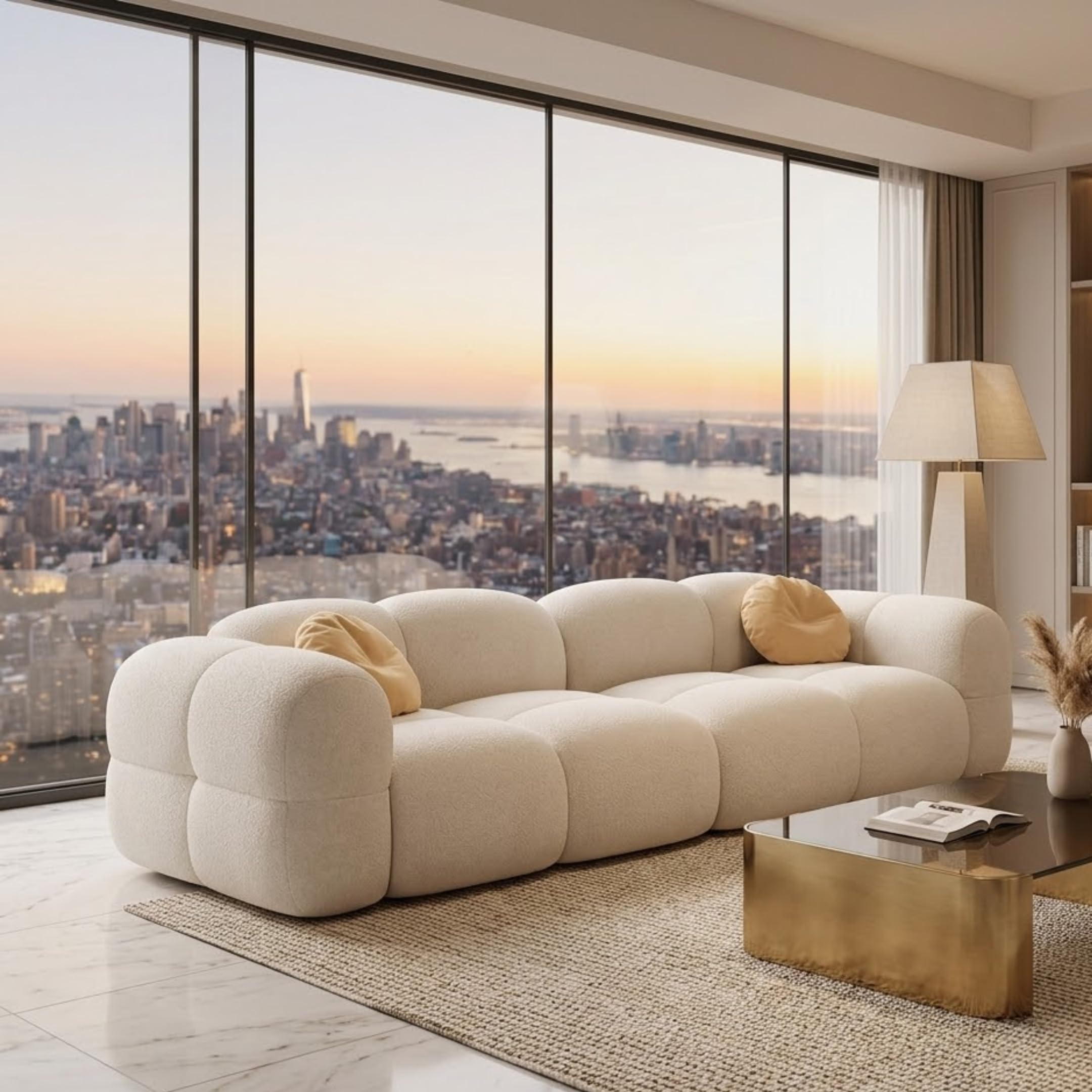 Velvet Cloud 3 Seater Sofa | Luxury Curved Modular Plush Fabric Couch for Modern Living Room | Soft Tufted Bubble Sofa for Home Decor (Ivory)-image-6
