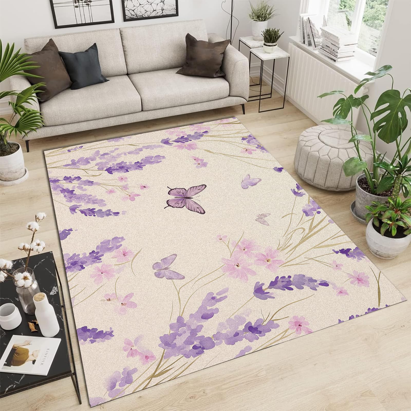 Tapis chambre moderne violet et fleurs, grand tapis entrée rectangulaire ras