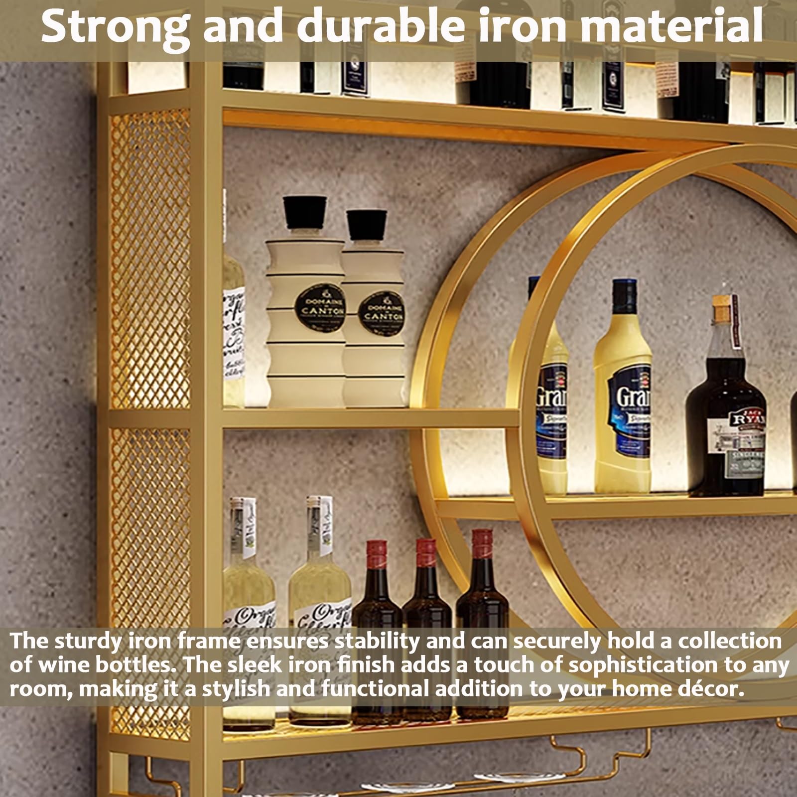 Moderno estante de vino montado en la pared con estantes iluminados por LED, soporte de metal de hierro fuerte en dorado/negro, exhibición de botellas de licor para cocina, bar, bodega, soporte para