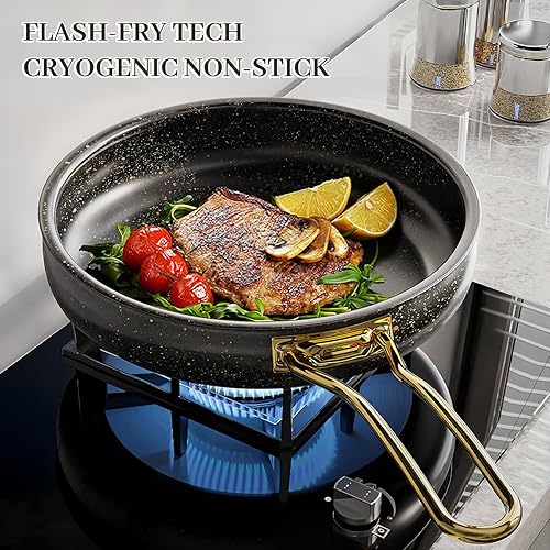 Miniatura 4 de Juego de utensilios de cocina de acero inoxidable de 5 capas, juego de 12 ollas y sartenes antiadherentes con asas que se mantienen frescas,