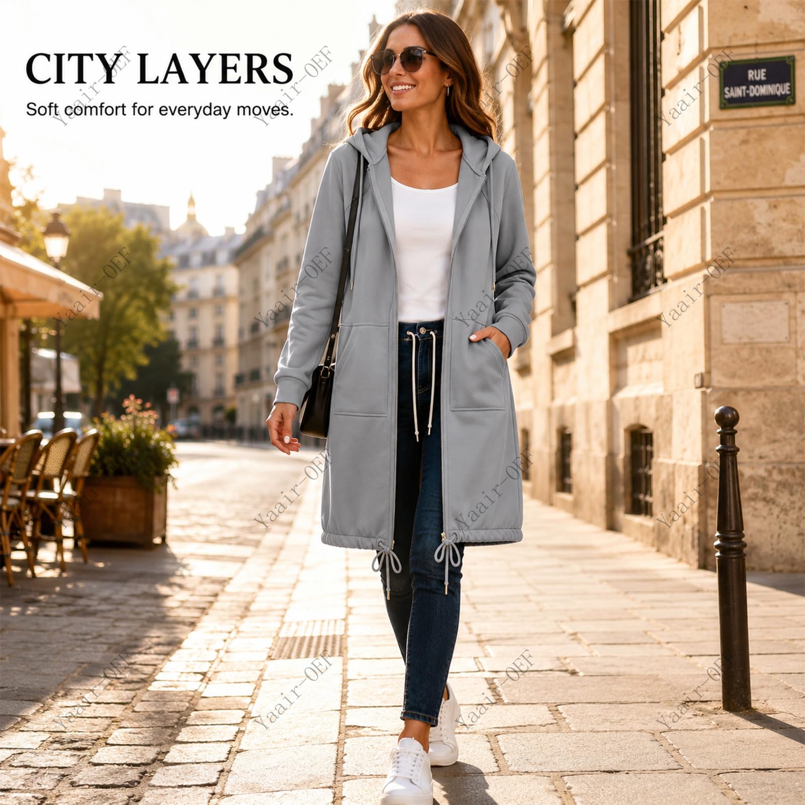 Veste Sweat Femme Longue Zippée à Capuche avec Cordon et Taille Réglable