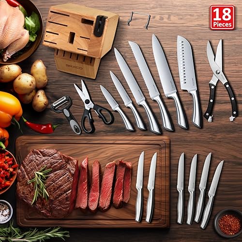 Miniatura 4 de RAXCO Juego de cuchillos para cocina, juego de cuchillos de 18 piezas, 6 cuchillos de cocina, 6 cuchillos de carne, 6 accesorios de cocina, juego de