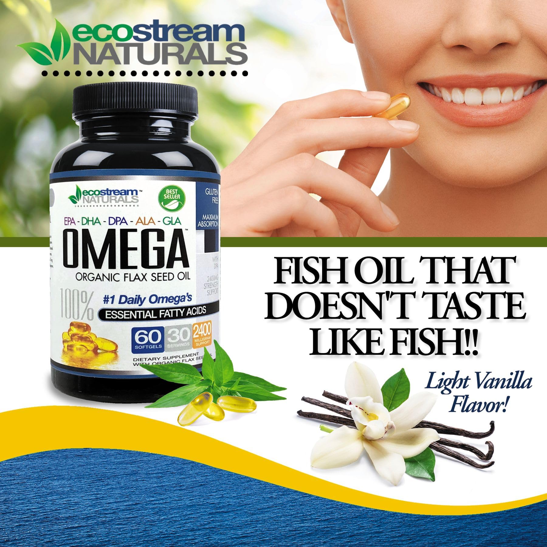 Triple Strength Omega 3-6-9 Blend with DPA, EPA, DHA, ALA and GLA and Organic Flax Seed Oil, Over 2,800 Milligram Strength - Gluten Free - Easy to Swallow - 60 SoftGels — Amazon image 5