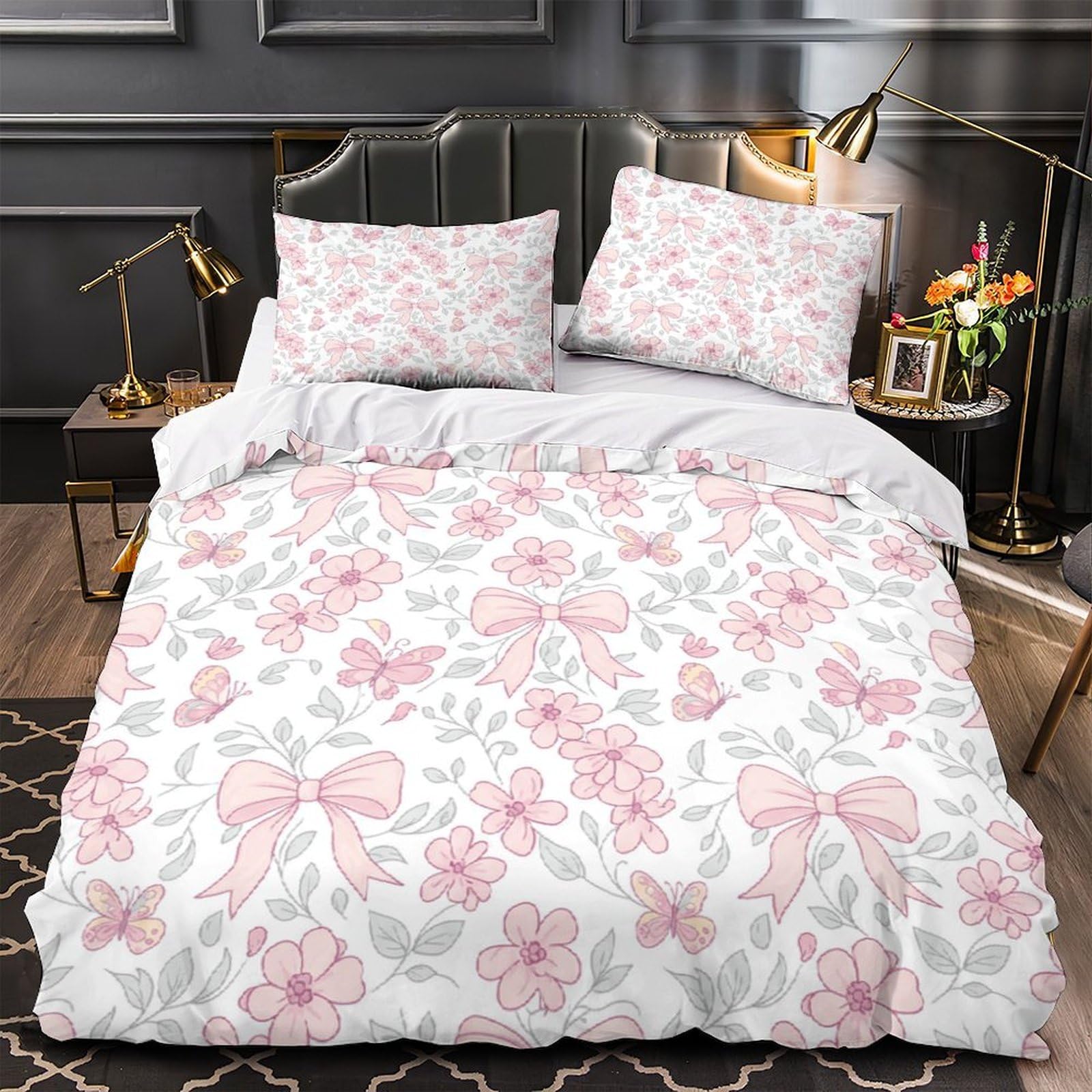 Parure de lit nœuds roses sans repassage zippée lit simple 135x200cm
