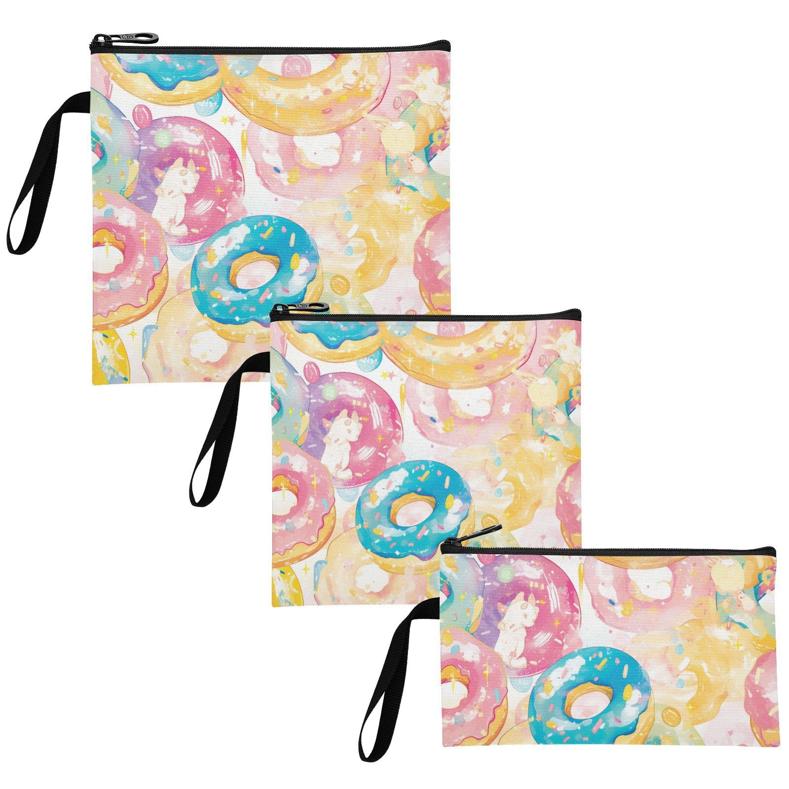 Yoogain Cartoon Donuts Simple Pastel Pack of 3 Reusable Snack Bags Waterproof Travel Bags for Work Office Travel Picnic