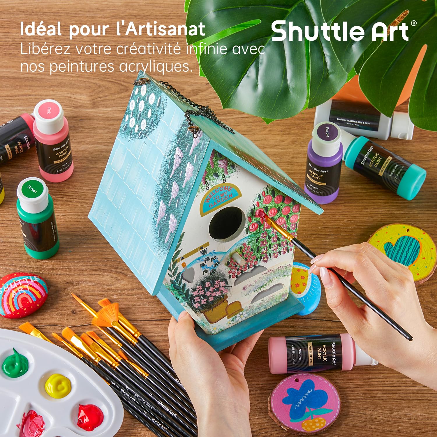 Shuttle Art Peinture Acrylique, 36 Couleurs (60ml) Kit Peinture Acrylique avec 12 Pinceaux 1 Palette, Riche Pigmentée, Non Toxique pour Artiste Débutant Adulte Enfant sur Toile Tissu