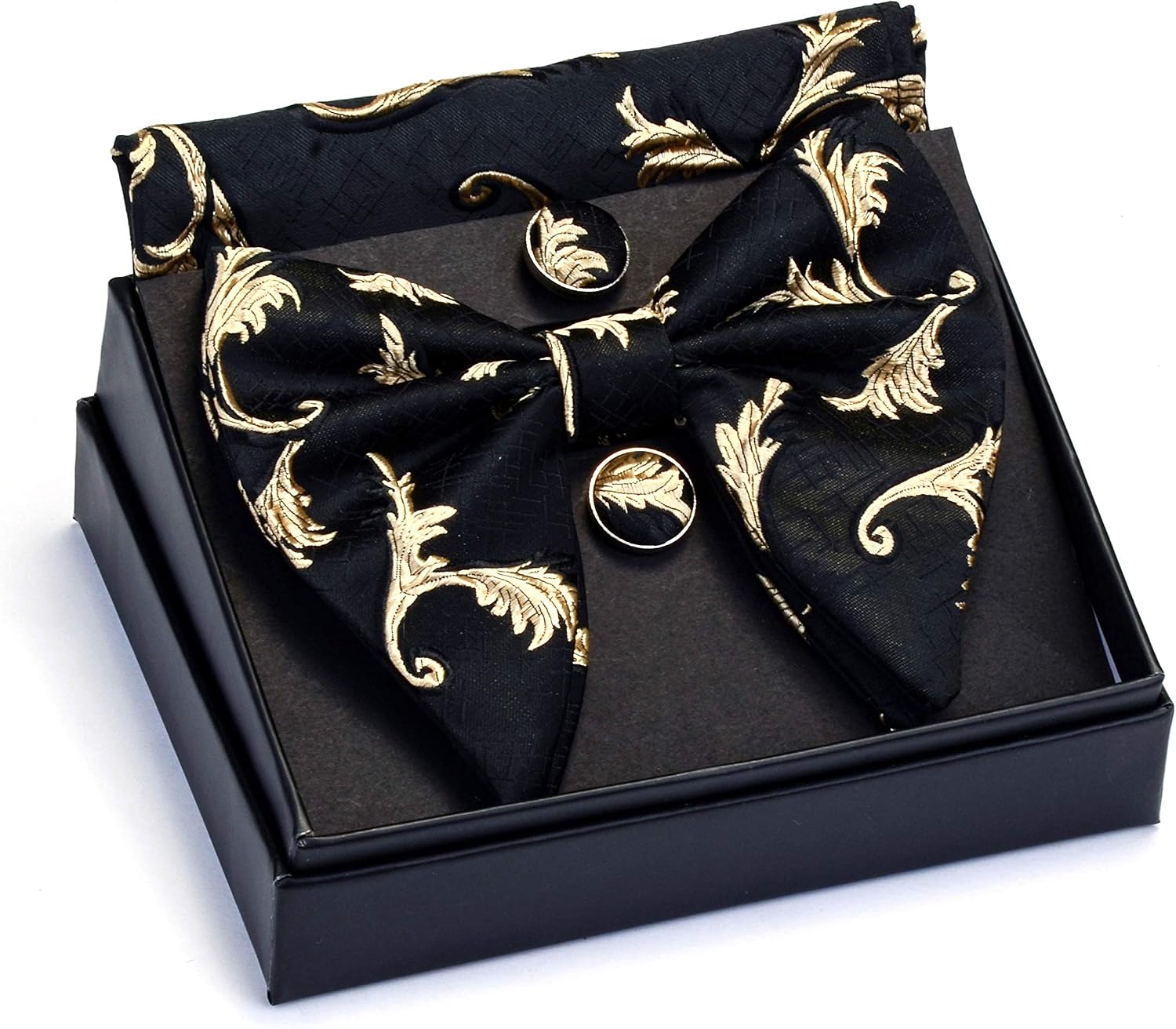 GUSLESON Fashion Floral Adjustable Pre-tied Big Bow Tie and Pocket Square Cufflink Set with Box