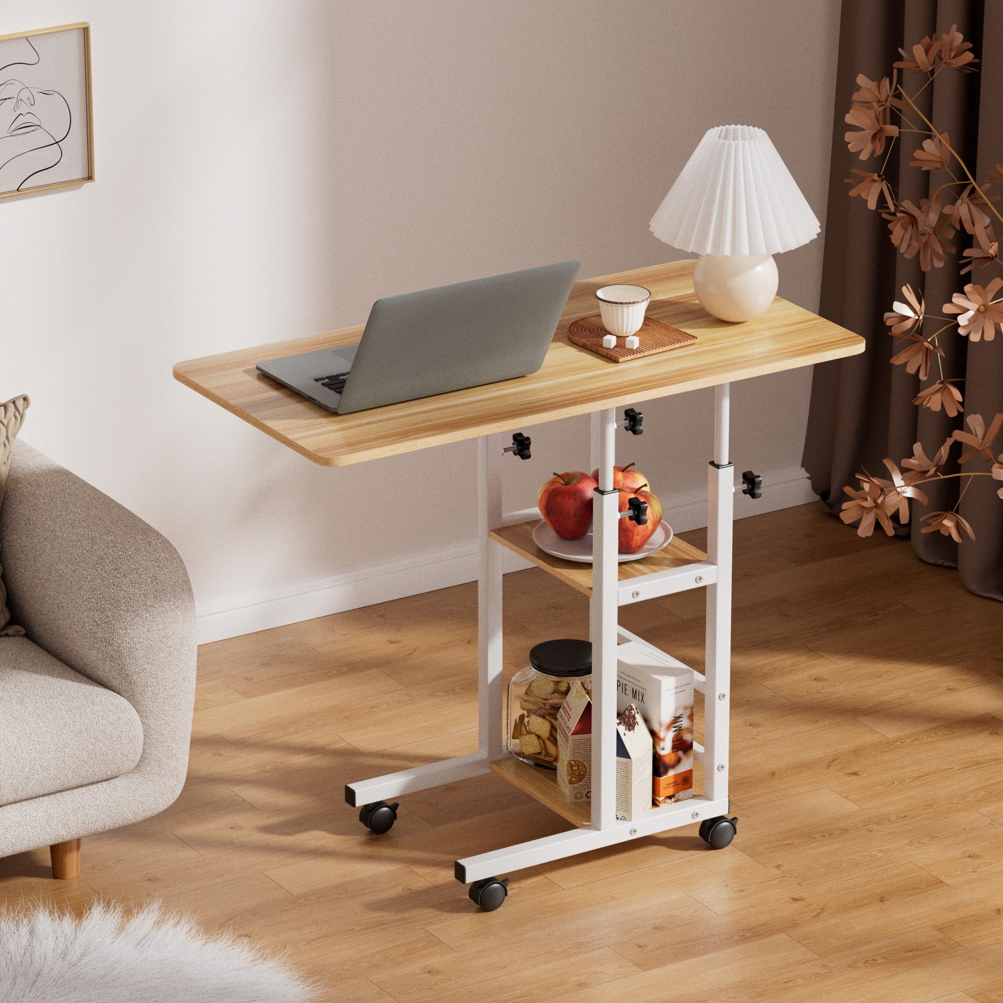 Tavolino mobile per letto a 3 strati, regolabile in altezza, con ruote, stabile, per letto, divano, scrivania, per casa, ufficio, camera da letto, soggiorno