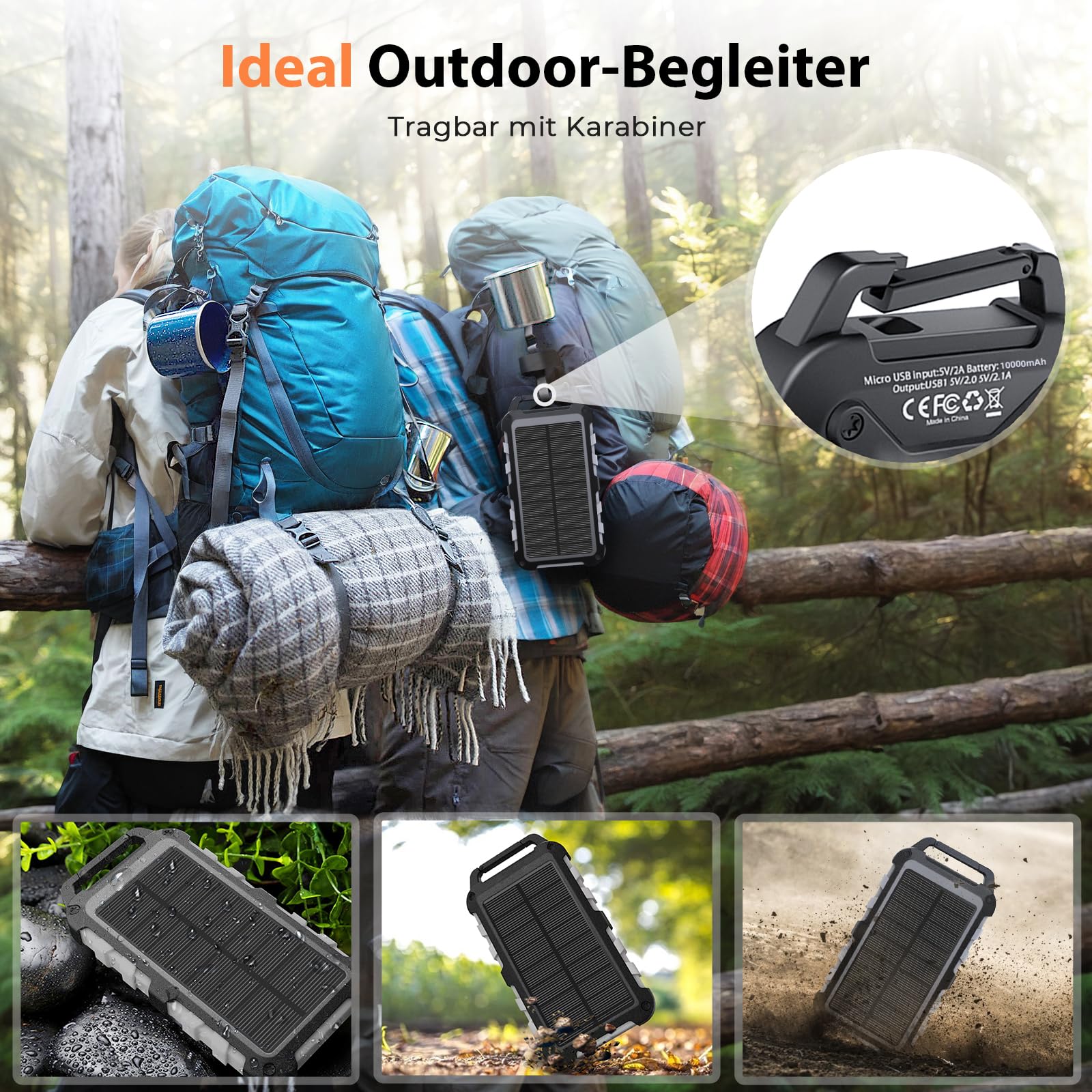 Solar Powerbank 10000mAh, 22.5W Tragbare Solar Ladegerät USB C Externer Akku Outdoor Wasserdichtes mit LED-Licht und 3 Ausgängen für Smartphones Tablets Camping,Grau