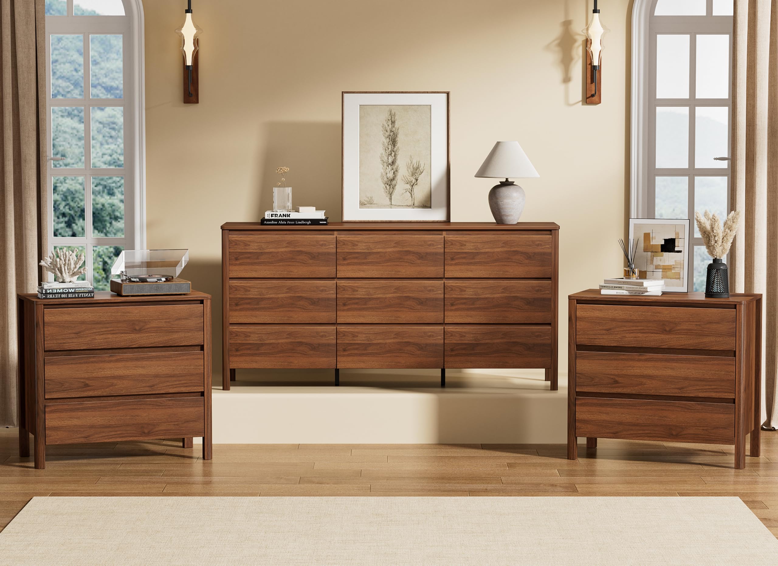 Furniway Walnut 3 Piece Bedroom Set, 9 Drawer Dresser and Nightstands