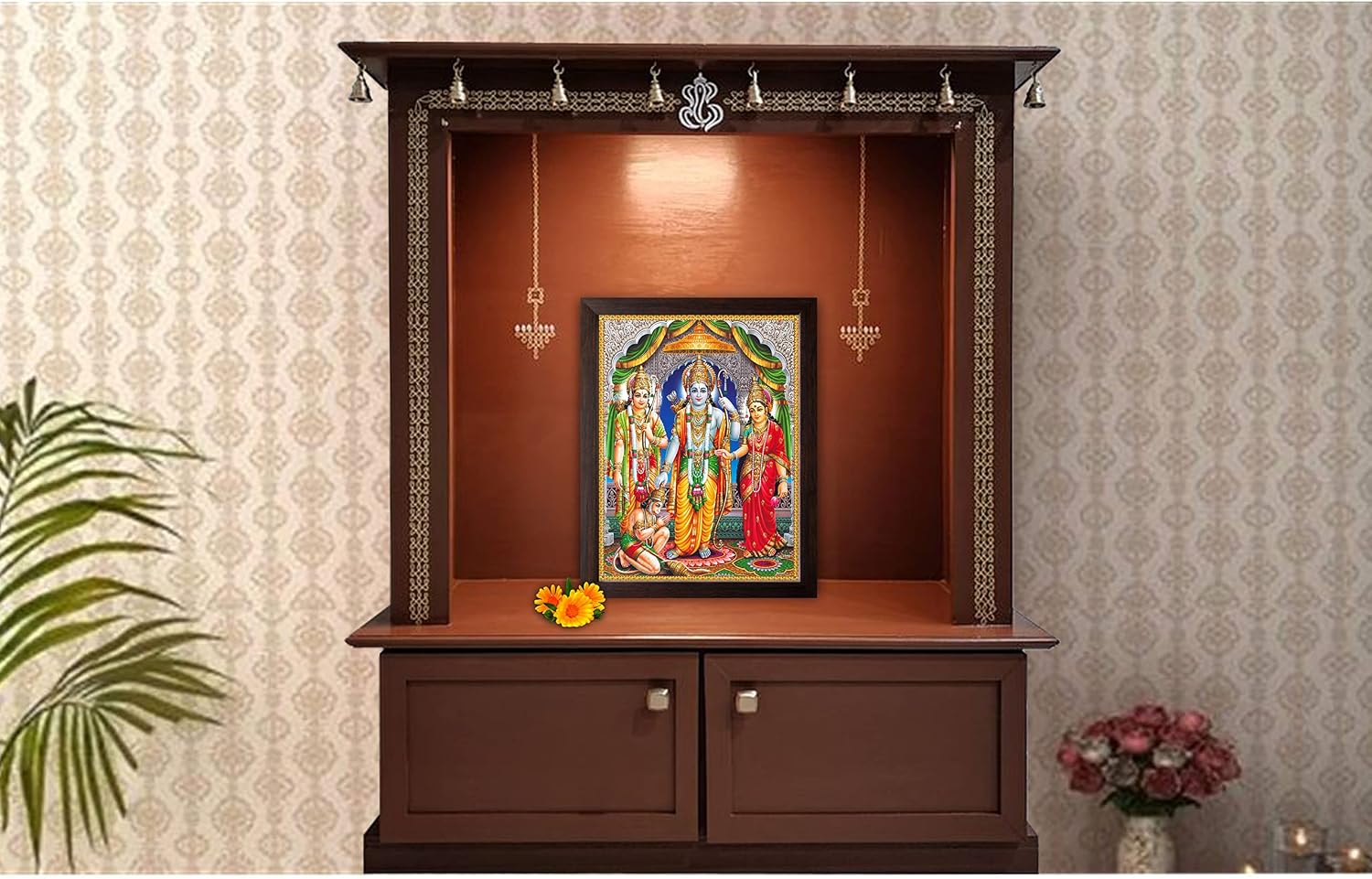 Art n Store Lord Ram Devi Sita, Laxman & Lord Hanuman Painting HD Printed Religious & Wall Decor Picture with Plane Brown Frame (30 X 23.5 X 1.5 cm_ Brown Wood)