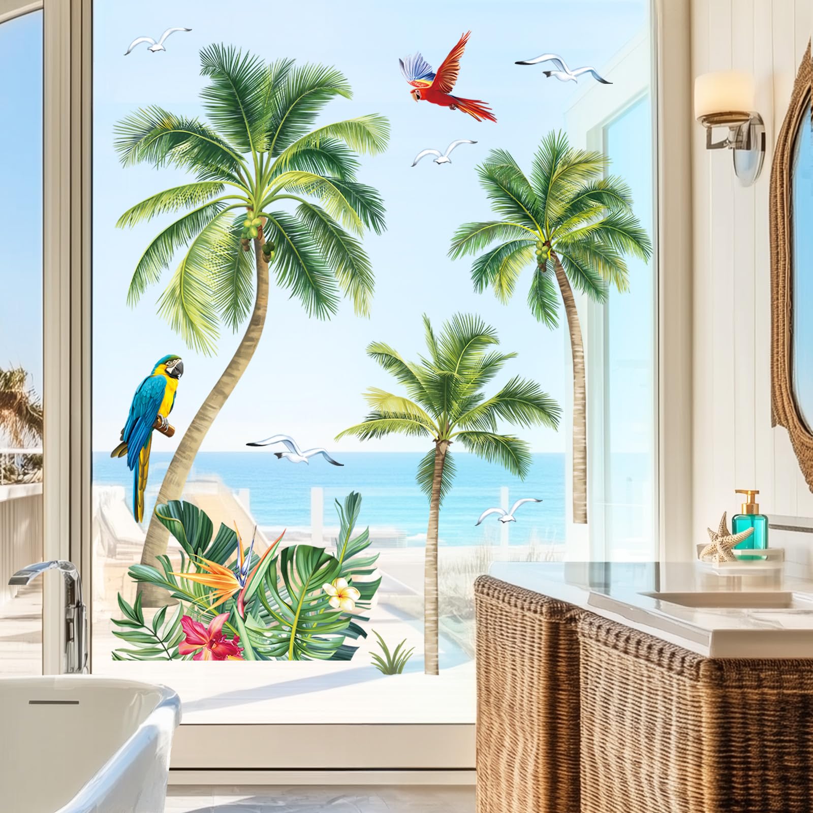 decalmile Autocollants Fenêtre Palmier Tropical Anti-Collision Stickers Plantes Feuilles Tropicales Vertes Été Stickers Vitre Anti-Adhésifs Fenêtre Porte Chambre Décalques