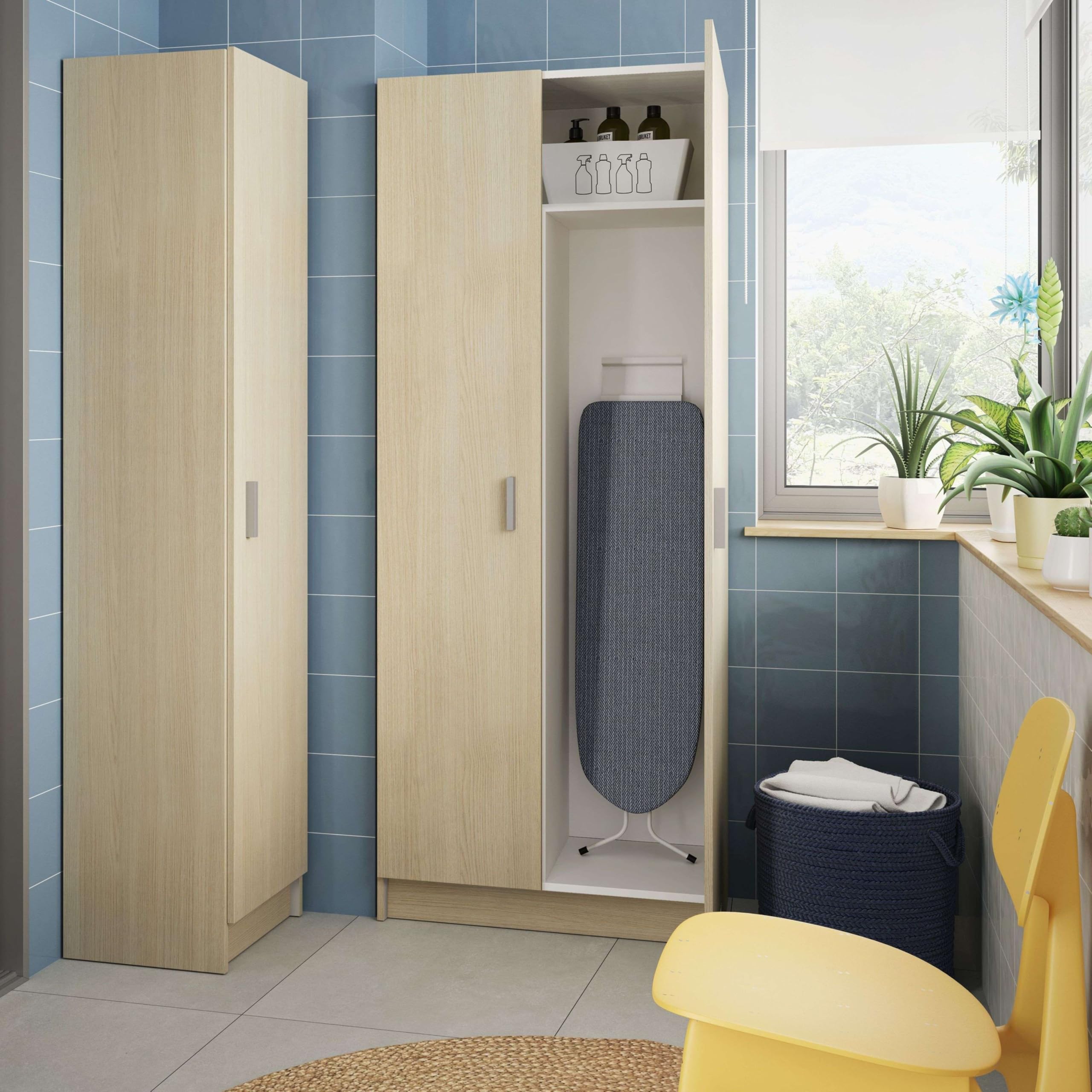 Habitdesign Armario Multiusos, Escobero 2 Puertas 3 Estantes, 180x73x37 (AltoxAnchoxFondo - en cm), Color Roble