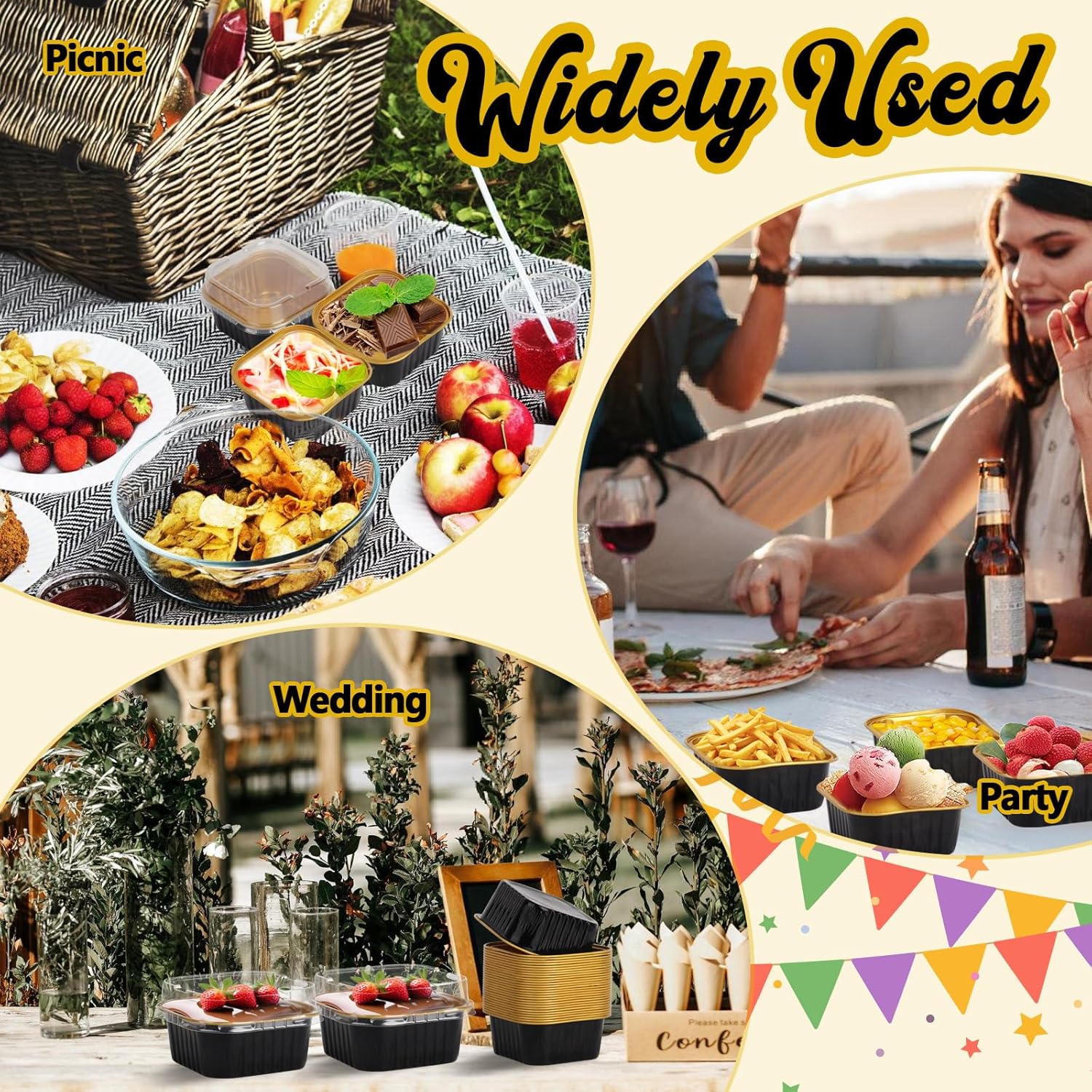 60 Pack 5 OZ Mini Cake Pans with Lids, 3.5x3.5 Inch Mini Cake Tins, Aluminum Foil Square Baking Cups Disposable Cake Containers for Party, Wedding, Birthdays, Black and Gold - Image 7