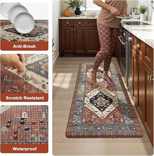 Vista 464 de KIMODE - Juego de 2 tapetes de cocina bohemios, antifatiga, antideslizantes, impermeables, ergonómicos, acolchados, cómodos, para lavandería, Caqui