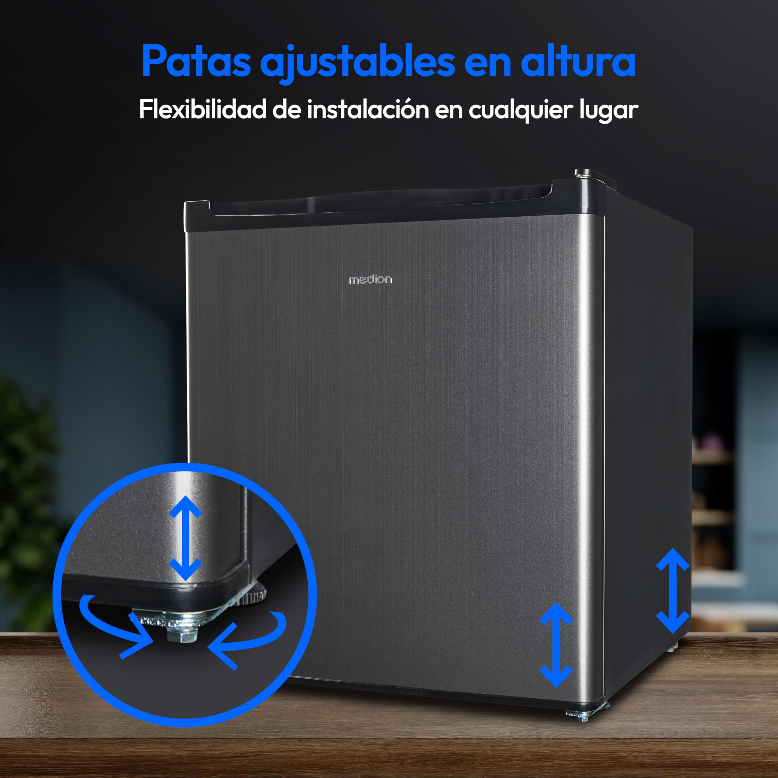 MEDION Mininevera (compartimento para hielo, 41 litros de capacidad, pequeña, patas regulables en altura, para bebidas heladas, bisagra de puerta intercambiable, MD37724)