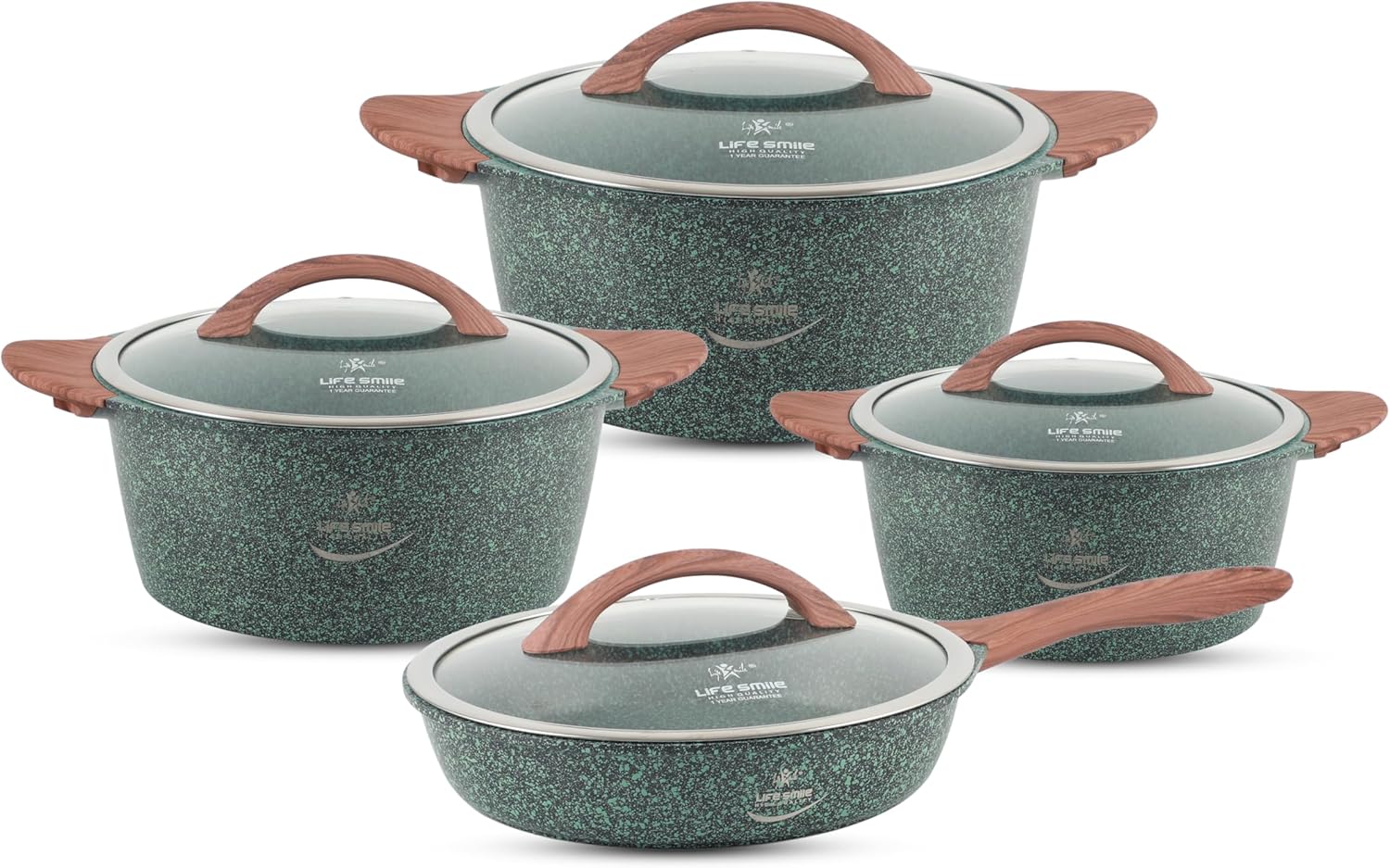 LIFE SMILE Cookware Set – Non Stick Pots and pan set Induction Base, Granite Coating 100% PFOA FREE, Die Cast aluminum Body Kitchen Set (Green, 8 Pieces)