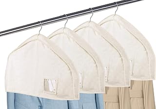 Cotton Garment Bags with Shoulder Covers, 2" Gusset, Dust-Proofs Clothes Protector with Clear Pocket for Suits, Coats, Jackets, Dresses – Closet Storage, Beiges (4-Pack)