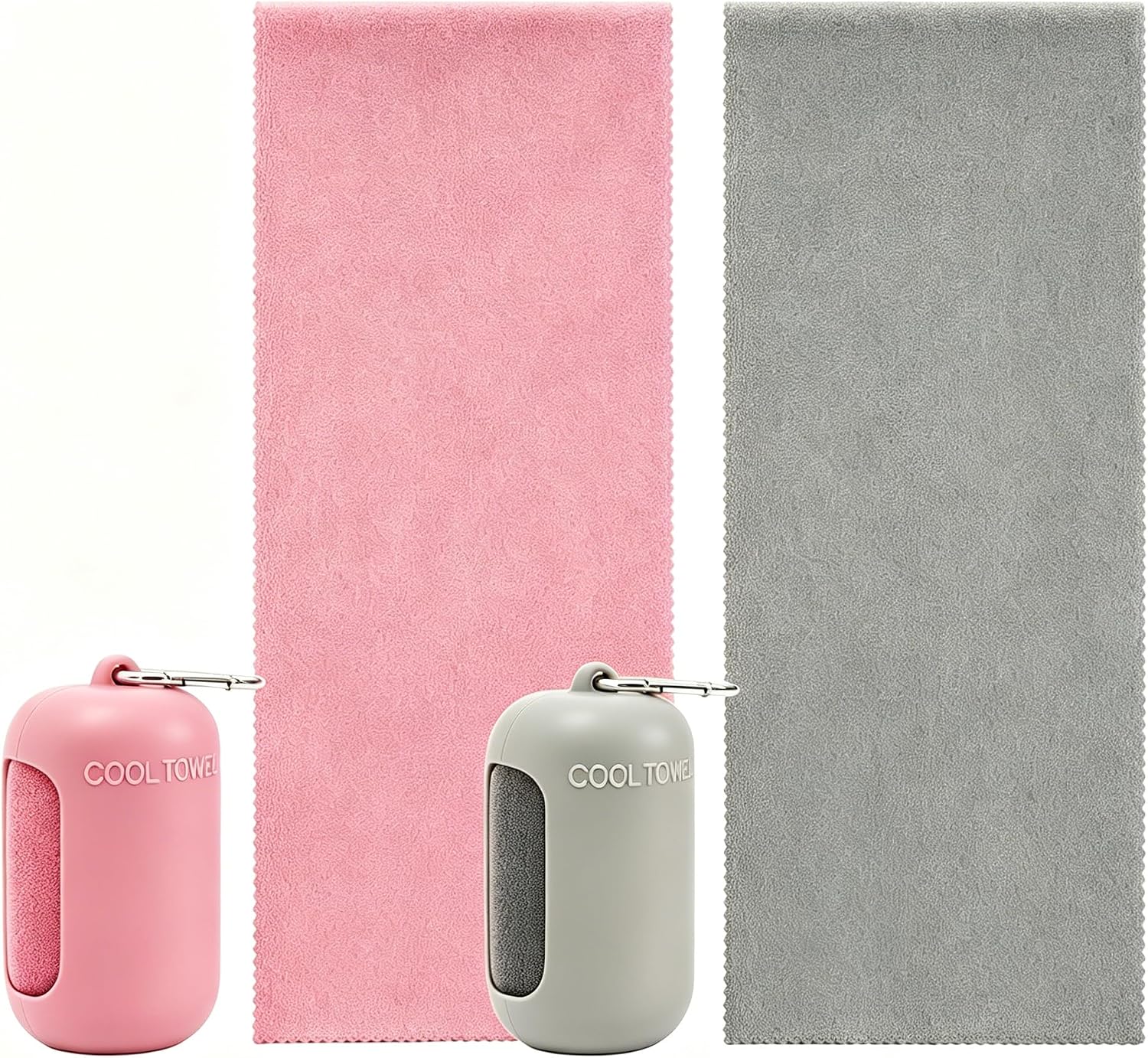 2-Pack Cooling Towels with Silicone Case & Carabiner, Pink & Gray