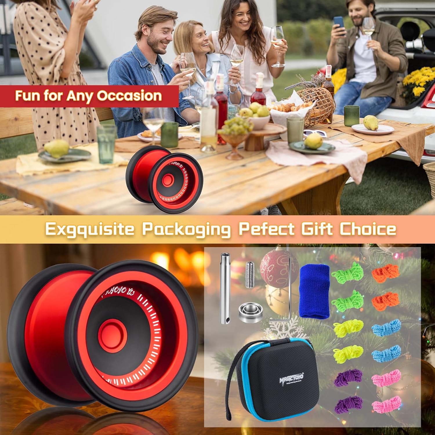 MAGICYOYO V13 DEEPSPIN Bi-Material Yoyo for Kids 8-12, Dual Purpose Professional Yoyo for All Skill Levels, Trick Yo yo with 12 Yo-yo Strings, Finger Brace, Bearing Kit (Red+Black Rings)