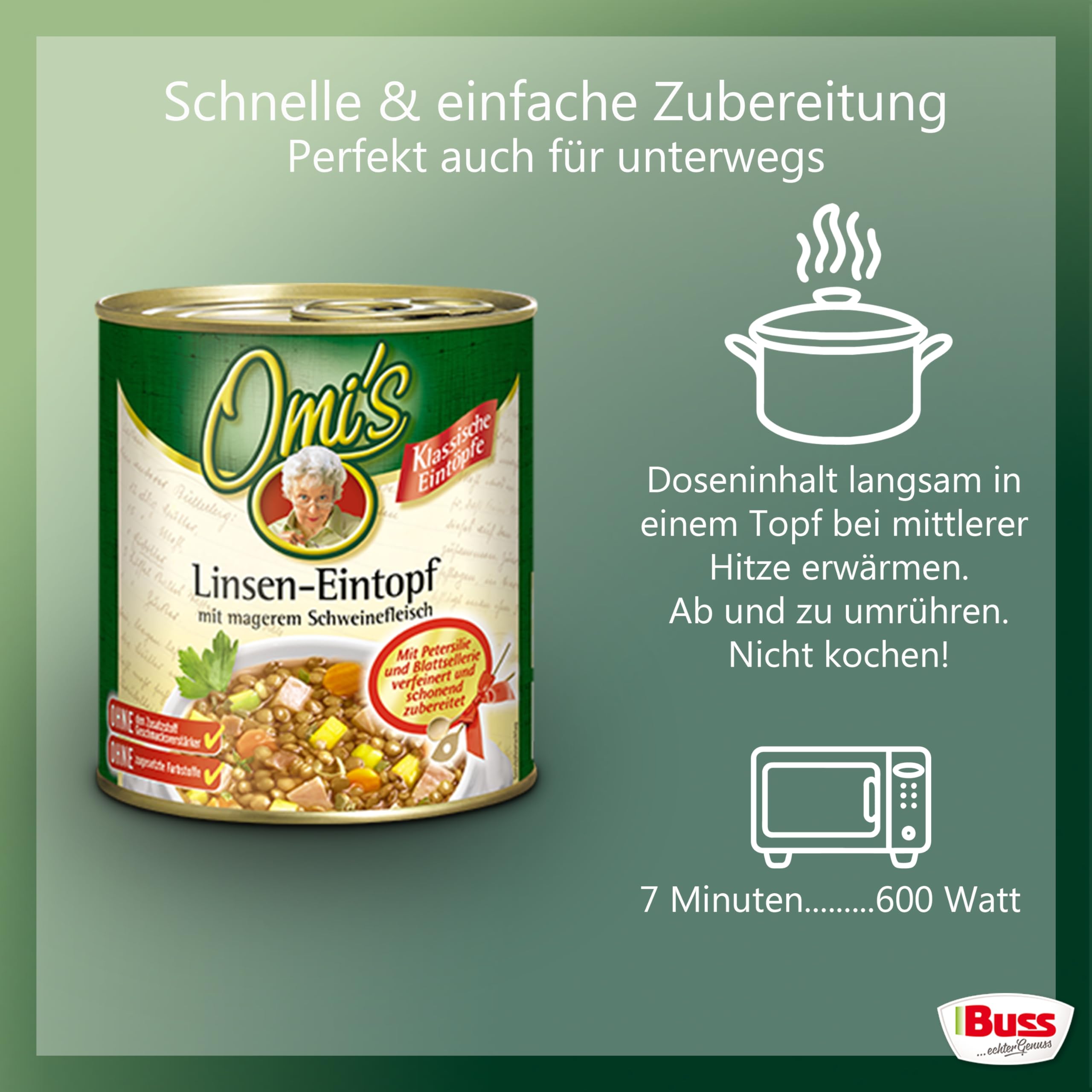 Buss Omi’s klassischer Linseneintopf - Würzig leckerer Suppentopf mit Linsen und magerem Schweinefleisch - Schnelle Fertiggerichte zum Aufwärmen in Mikrowelle & Topf - 6 x 800g (Packung mit 2)