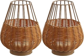 JONATHAN Y Elian 10" Faux Wicker Cordless Lamp, Light Brown, Set of 2 | Rechargeable Dimmable Integrated LED, Metal Frame, Modern Rustic Lantern, White Plastic Shade, Outdoor Use, LED Bulb Included
