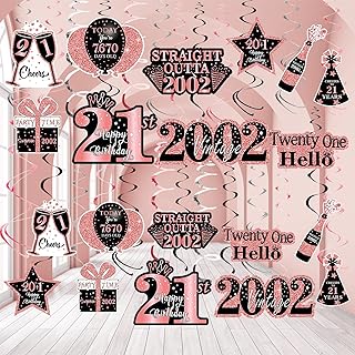 36PCS Rose Gold 21st Birthday Decorations Hanging Swirls for Her, Happy 21st Birthday Party Supplies Women Vintage 2002 Foil Swirls,21st Birthday Ceiling Hanging Decorations Party Favors Decor