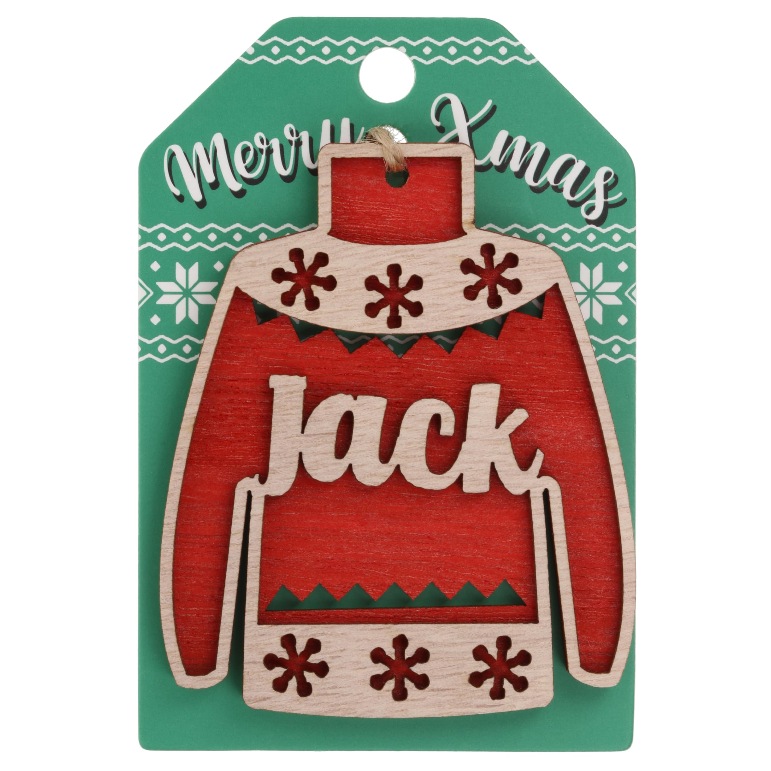 Jack Name Christmas Jumper Wooden Tree Decoration Personalised Bauble Xmas Red