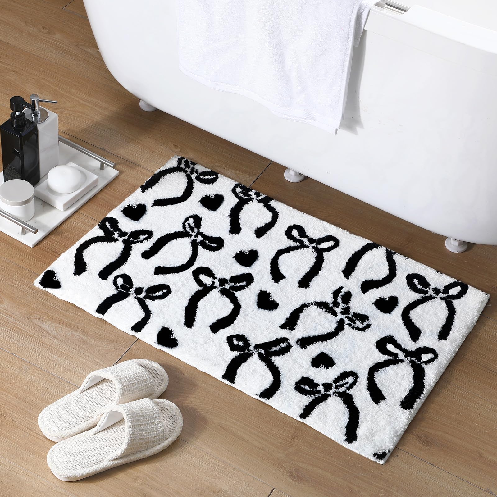 Tinideya Black Bow Bathroom Rug 20 x 32 Inch Non Slip Washable Bath Mat Coquette Aesthetic Cute Carpet for Vanity Sink Shower Bedroom Preppy Room