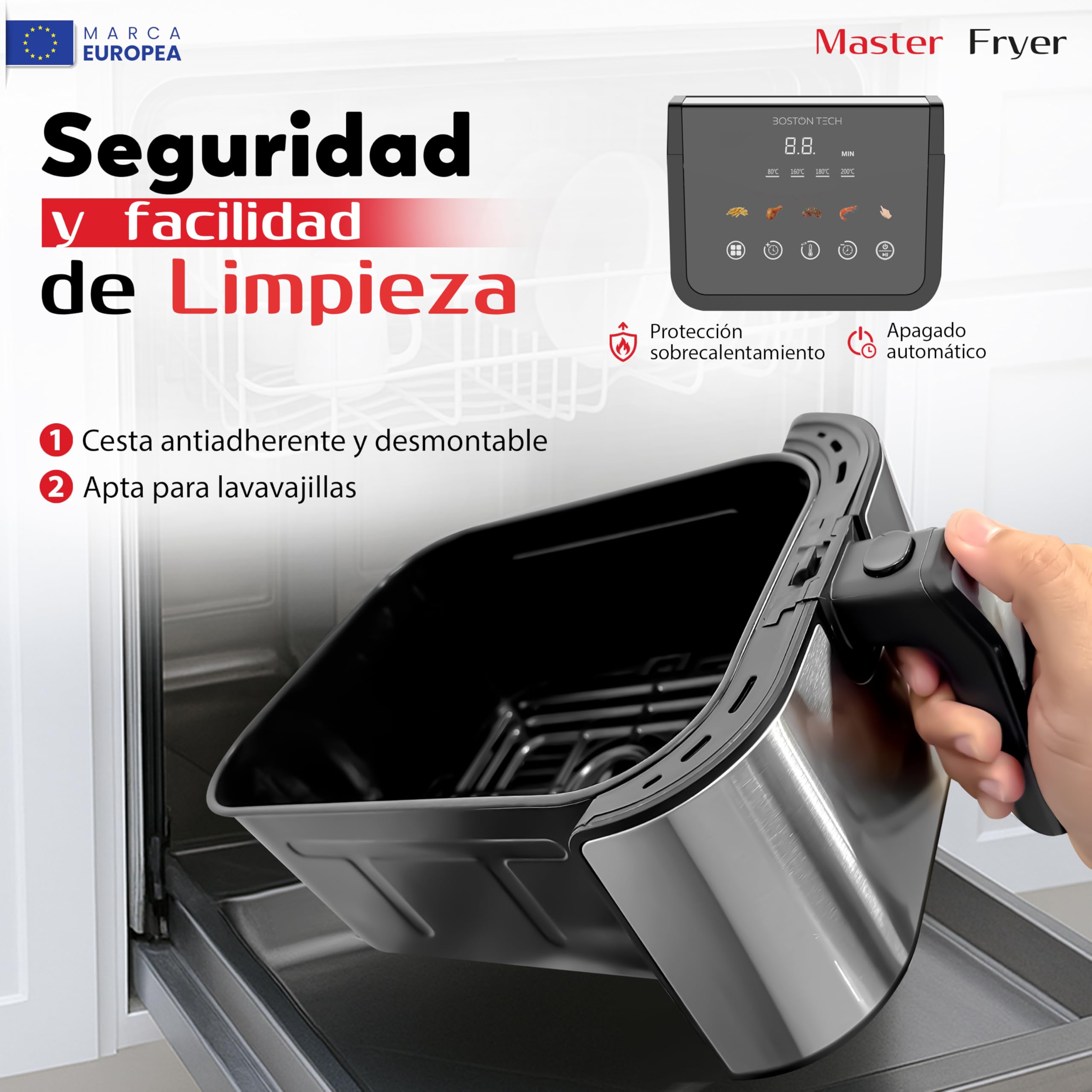 Boston Tech Freidora de Aire Master Fryer 5L, 1500W, 5 Programas, Pantalla LED, Control Táctil, Temperatura Ajustable, Cesta Antiadherente, Temporizador, Incluye Recetario, Acero Inoxidable
