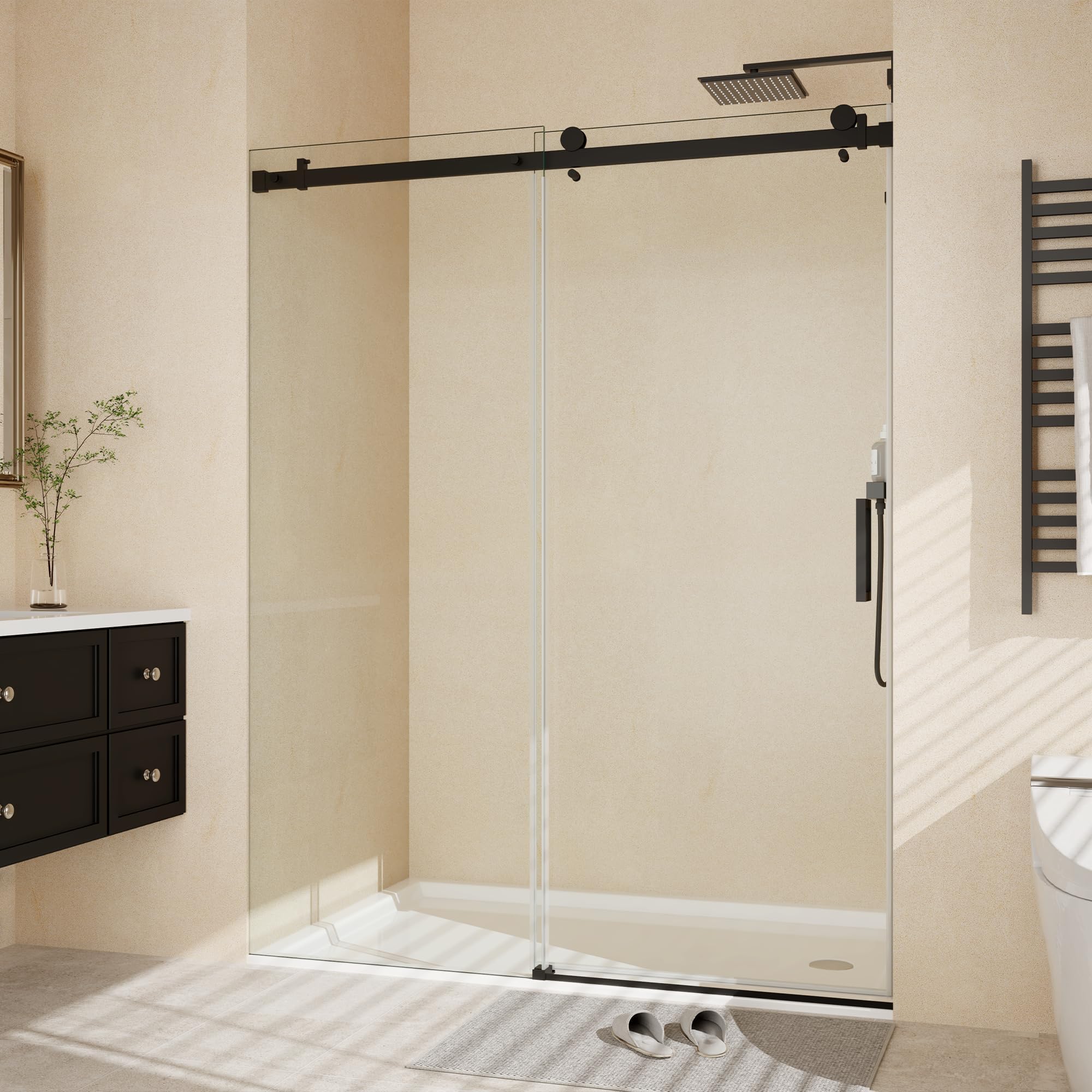 56-60" W x 76" H Frameless Sliding Shower Door, 5/16“ Waterproof Tempered Glass with Explosion-Proof Film, Clear Glass, Matte Black Handle &amp; Seal Strip