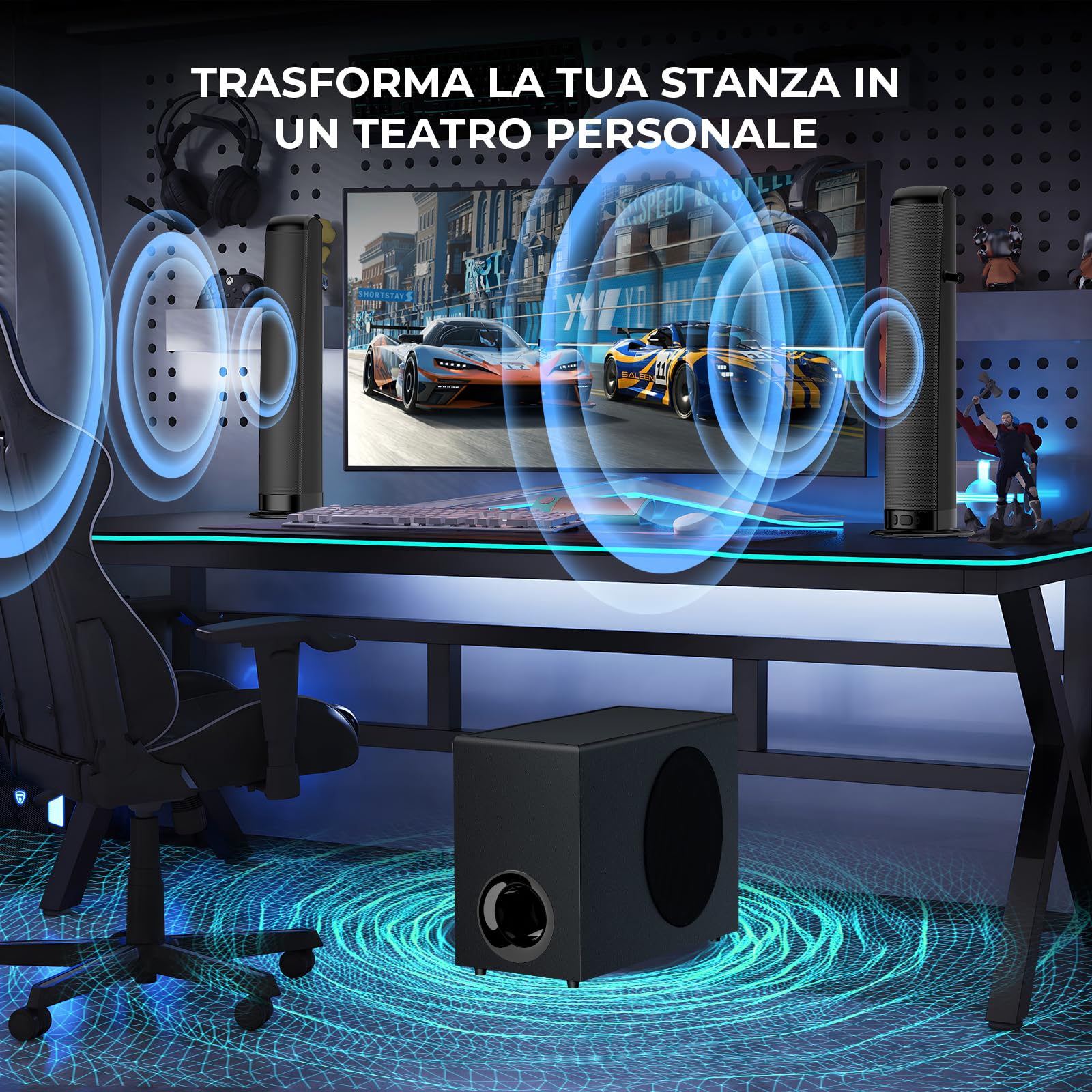 GarageRock Barre de Son avec Subwoofer pour TV, 110 W Peak 2-en-1 Présentateur avec Adjustable Deep Bass, Bluetooth 5.3/ARC/OPT/AUX, Surround Sound System pour TV/PC/Projecteurs/Cadeau, 1 Set