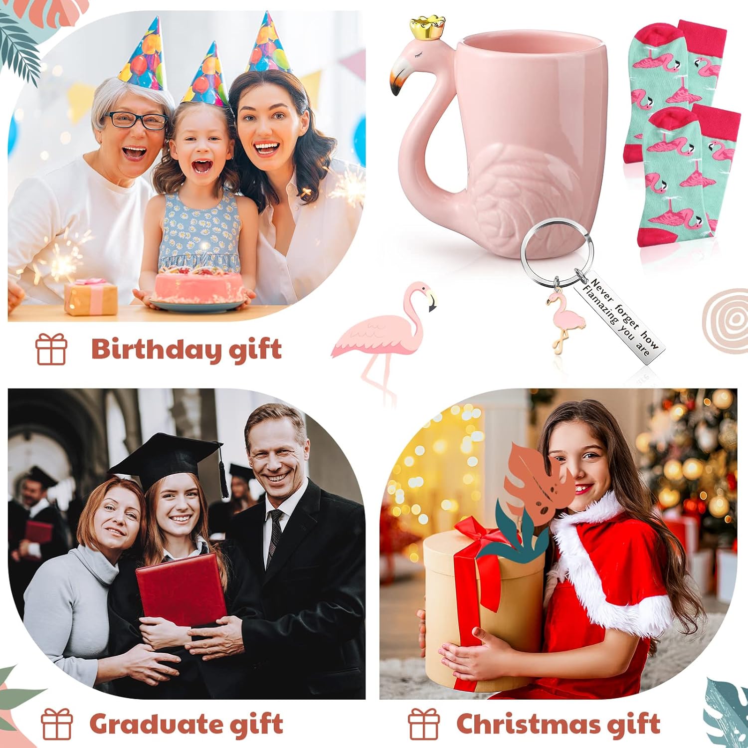 Tessco for you 3 Pcs Christmas Flamingo Theme Gift Set for Women Include Coffee Mug Socks Keychain Xmas Cute Animal Ceramic Cups for Birthday Flamingo Lover Valentine Party Favor Gifts - Image 4